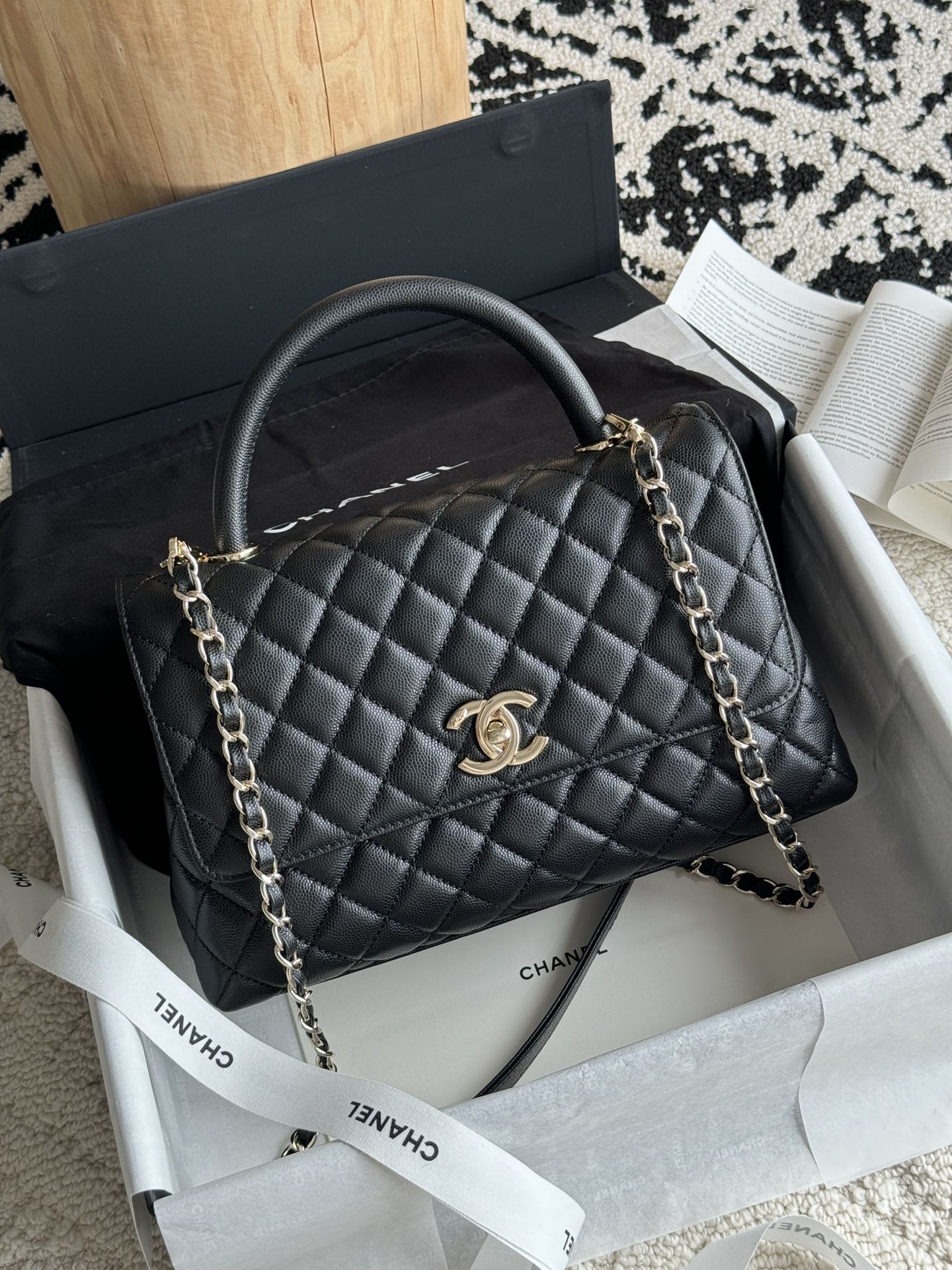Small Coco Handle Flap Bag in Black Quilted Caviar Leather with Light Gold-Tone Hardware - Mocuir