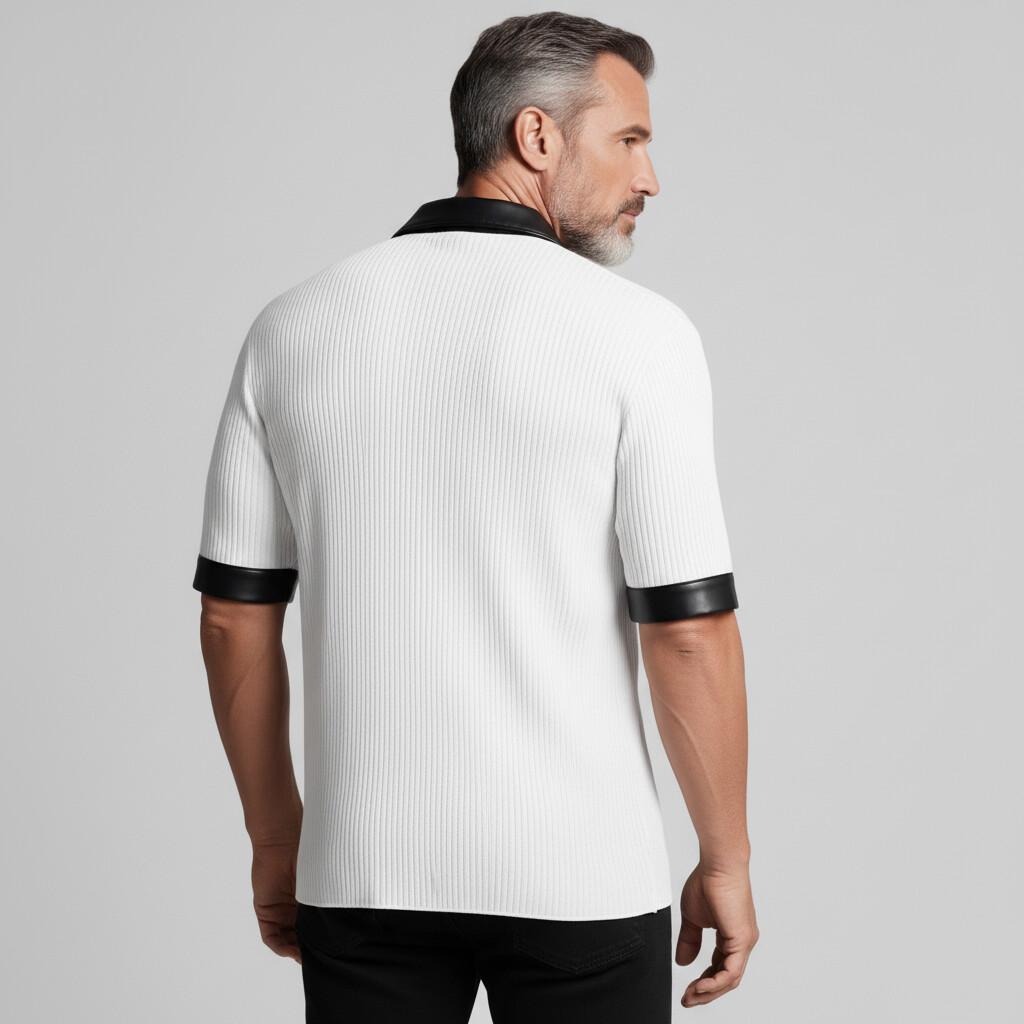 Men's Patchwork PU Leather Asymmetric Wrap Collar Contrast Trim Ribbed Knit Shirt