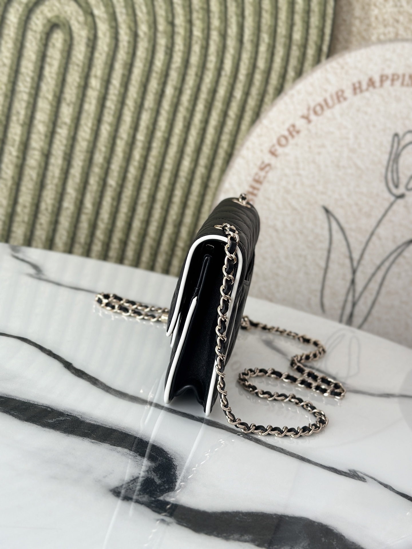 Black Lambskin Quilted Mini Flap Bag with White Trim & Gold Hardware - Mocuir