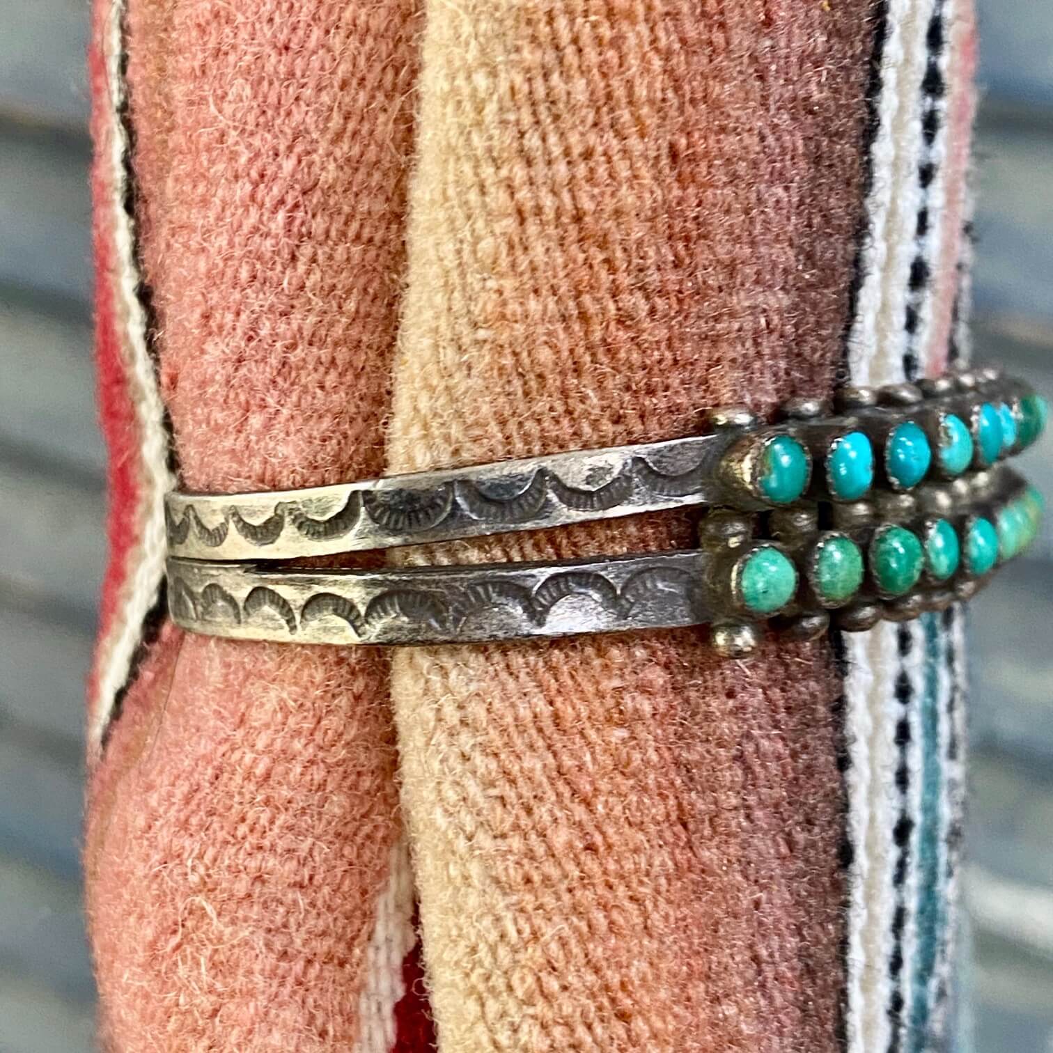 Old Zuni Turquoise Dots Double Row Bracelet Sterling Silver