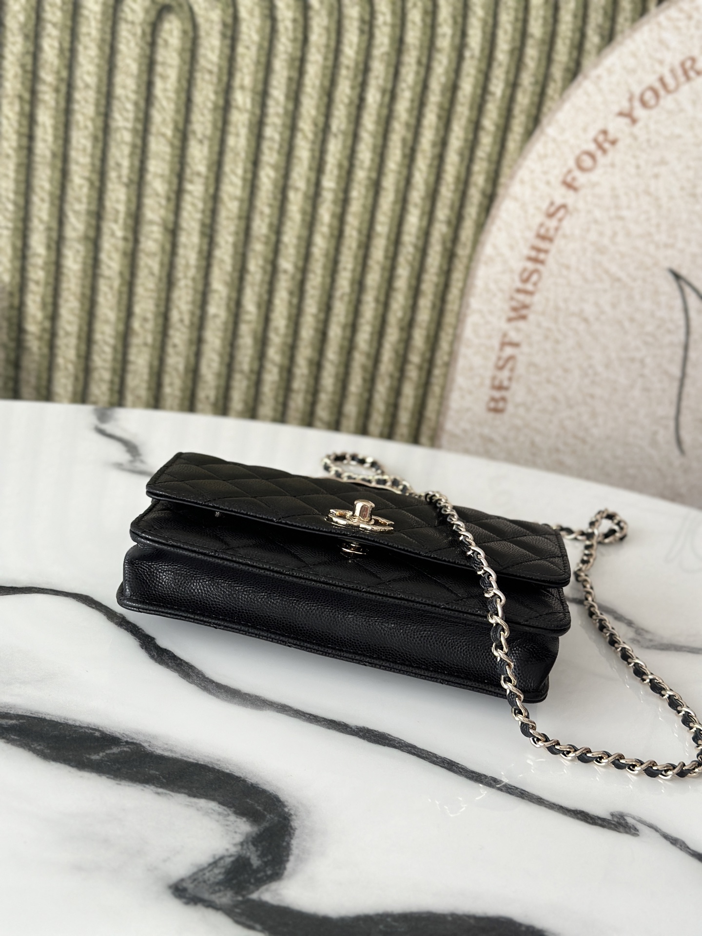 Black Caviar Quilted Wallet On Chain (WOC) with Silver Metal Top Handle - Mocuir