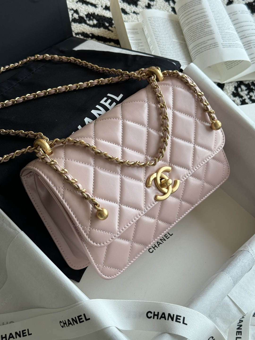 Wallet On Chain (WOC) with Double Gold Balls in Light Pink Quilted Shiny Caviar Leather with Antique Gold-Tone Hardware - Mocuir