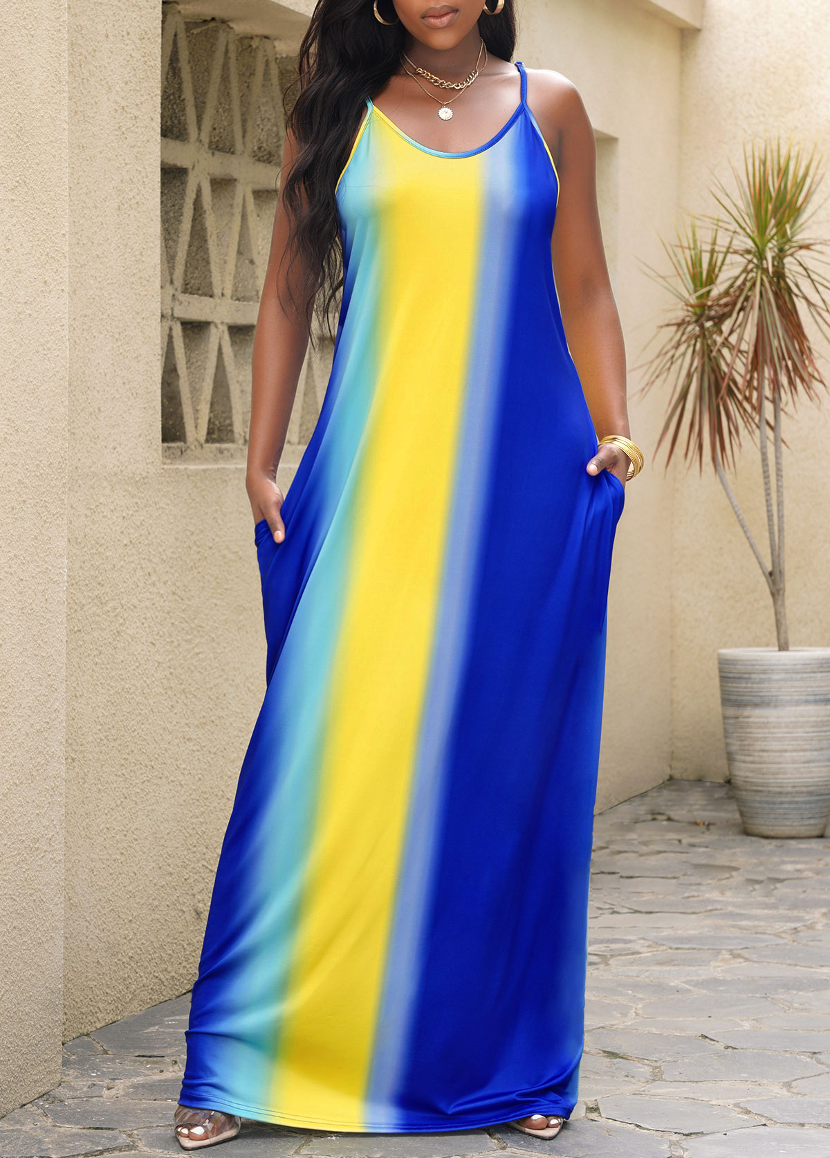Double Side Pockets Striped Blue Sleeveless Dress