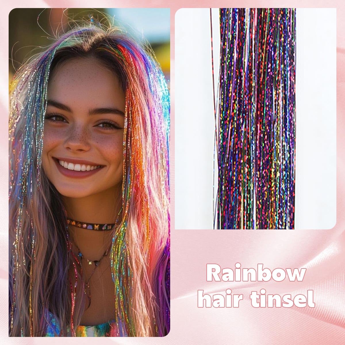 Rainbow Hair Tinsel Kit, 10 Packs Fairy Tinsel Hair Extensions for Teen Girls Heat Resistant Glitter Hair Accessories for Christmas New Year Halloween Cosplay Party(48 Inch)