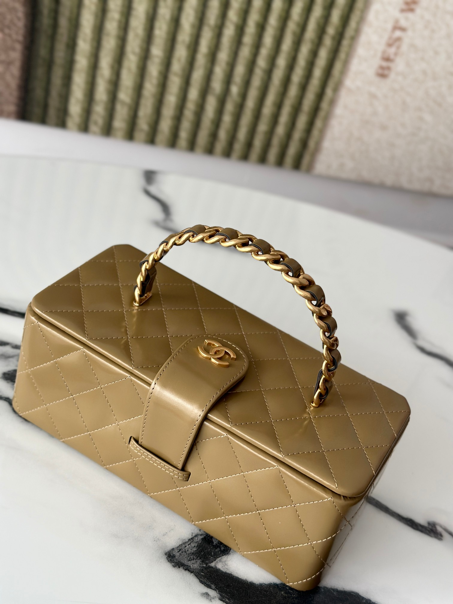 Quilted Patent Leather Long Vanity Case Bag with Chain Handle, Gold Hardware (Model AP5212) - Mocuir