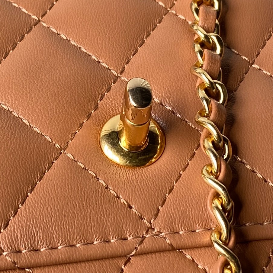 Mini Top Handle Flap Messenger Bag in Caramel Quilted Lambskin with Light Gold-Tone Hardware - Mocuir