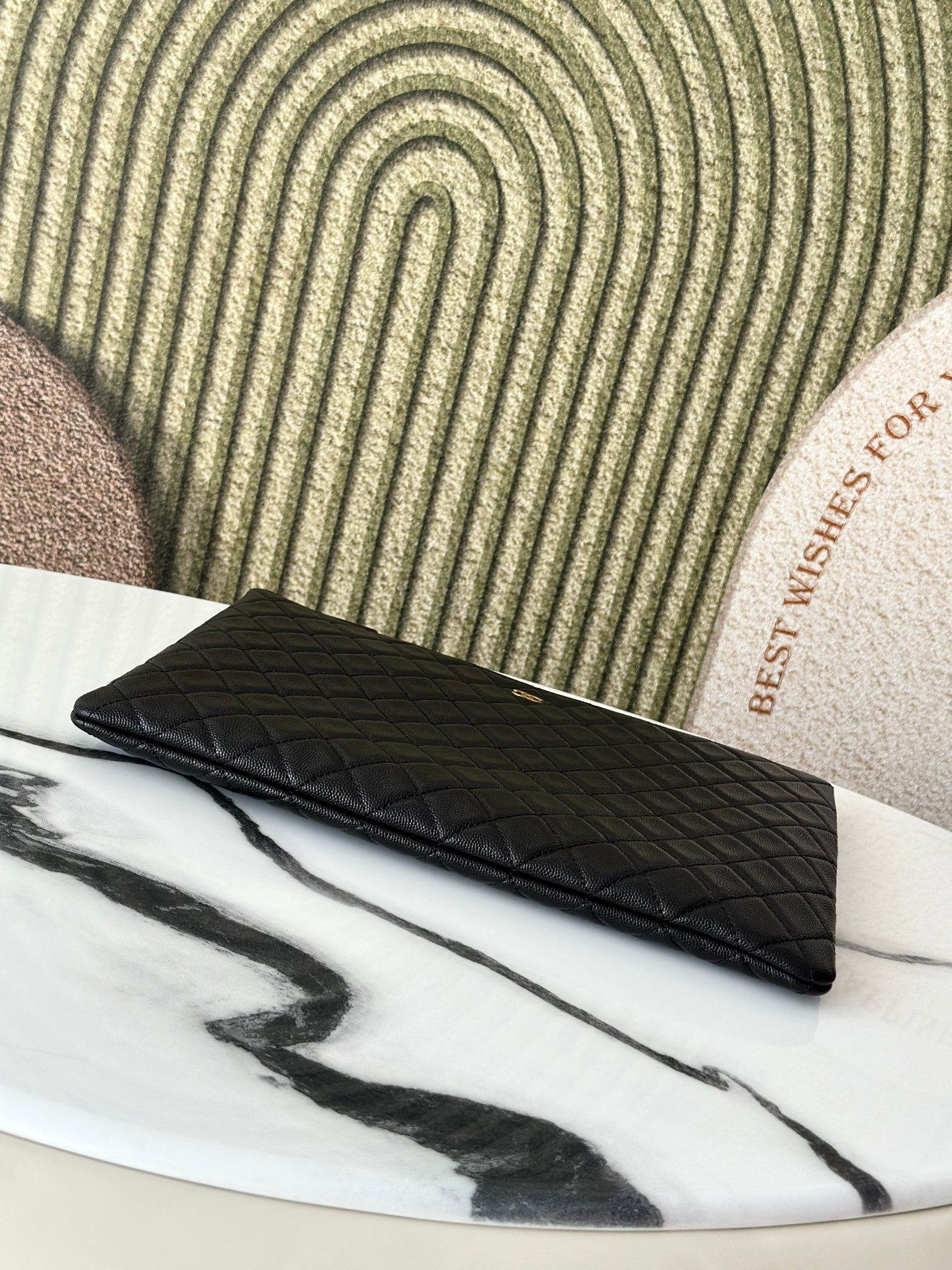 Classic Quilted Caviar Large Zip Pouch Document Case in Black with Gold-Tone Hardware - Mocuir