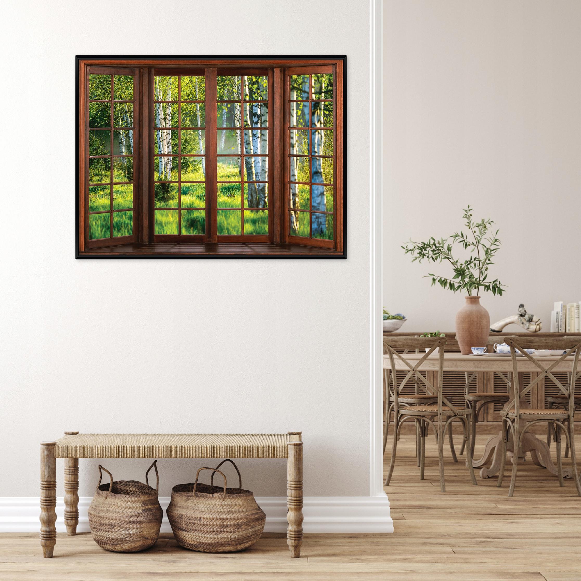 Black-framed canvas painting: 3D window, birch forest, living room/bedroom, 40x30