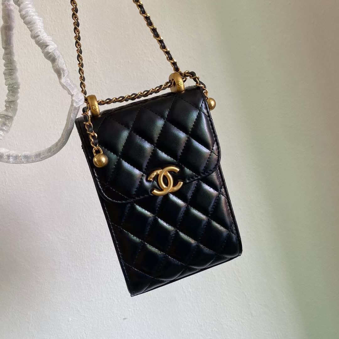 Classic Quilted Lambskin Phone Holder with Gold Ball Chain in Black (Gold Hardware) - Mocuir