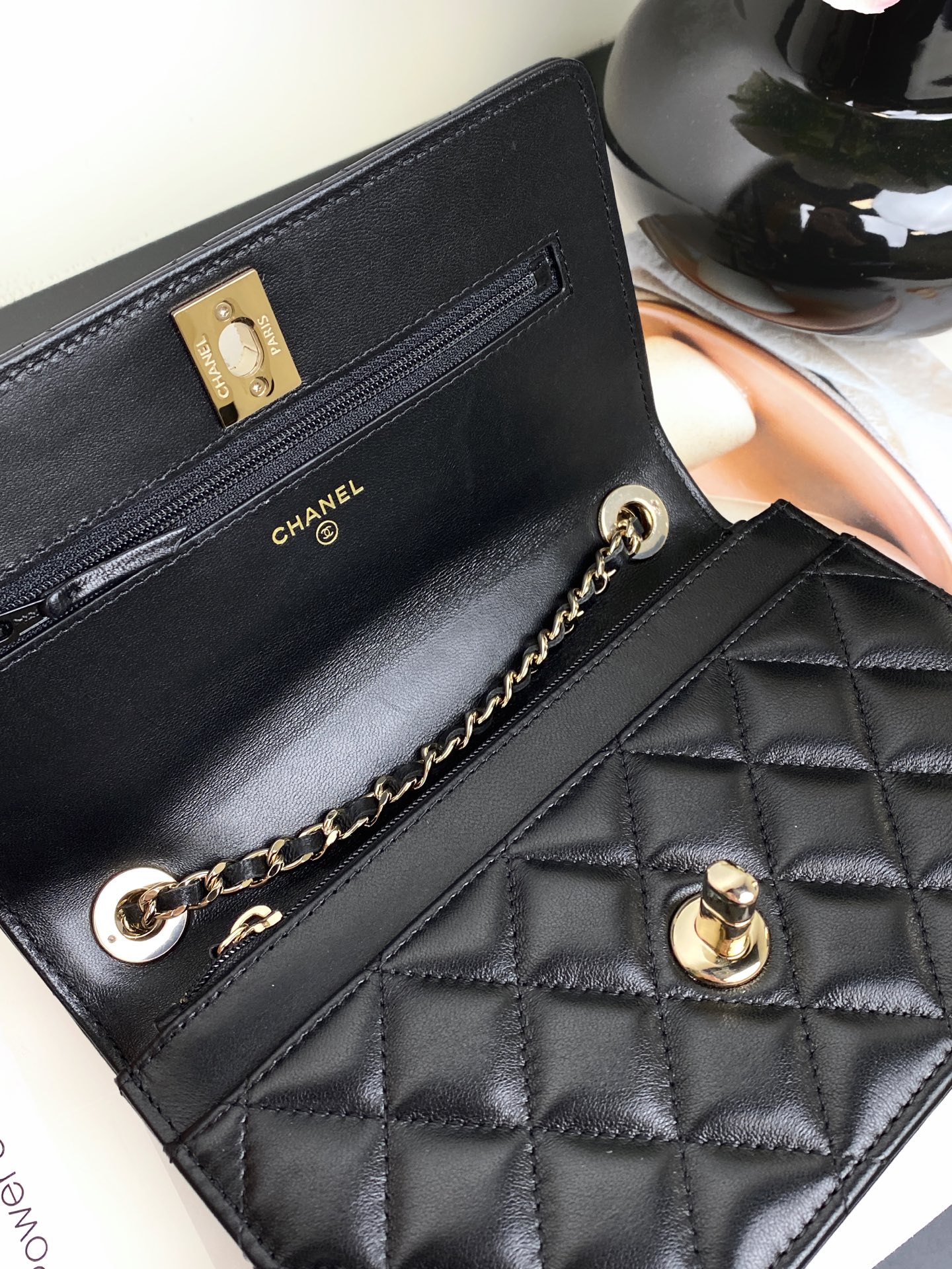 24C Trendy CC Wallet on Chain (WOC) with Handle in Black Lambskin with Crystal CC Gold Hardware (Model AM7652) - Mocuir