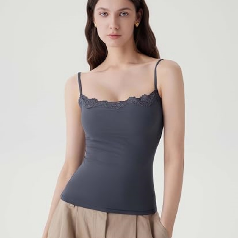 Women Double Lined Lace Cami Tank Top Summer Padded Going Out Tops Basic Shirts