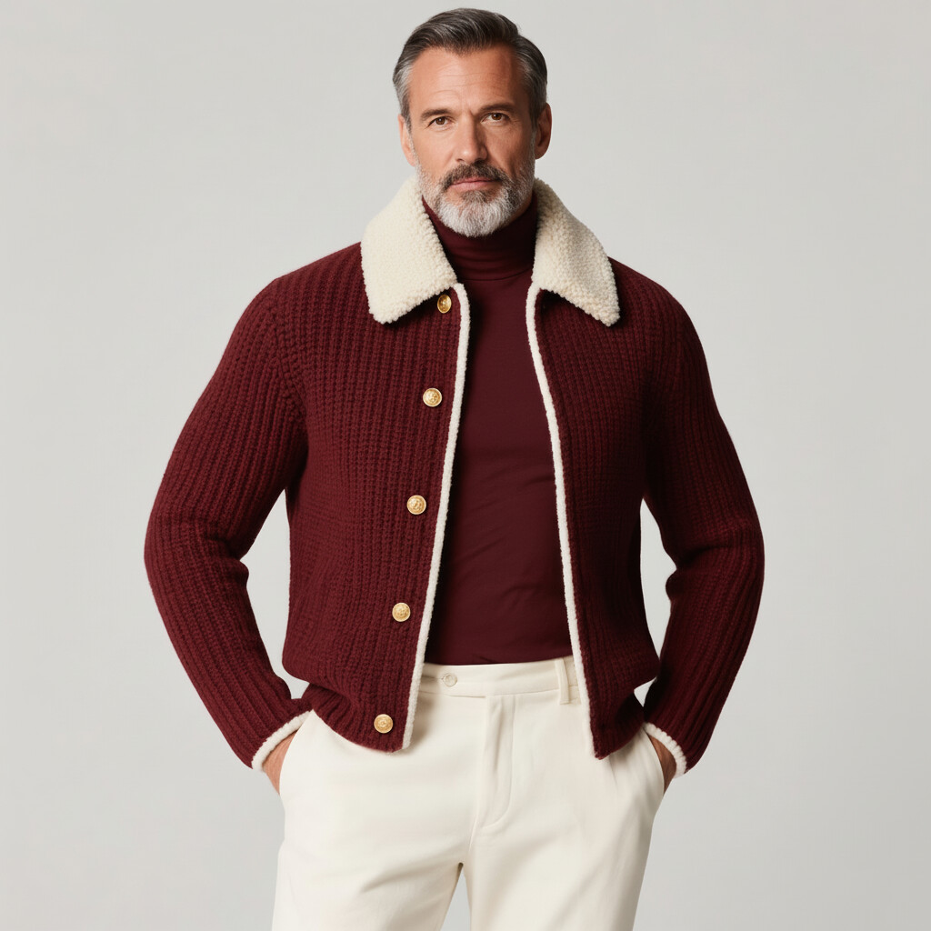 Men's Burgundy Sherpa Collar Long Sleeve Button Rib Knit Cardigan