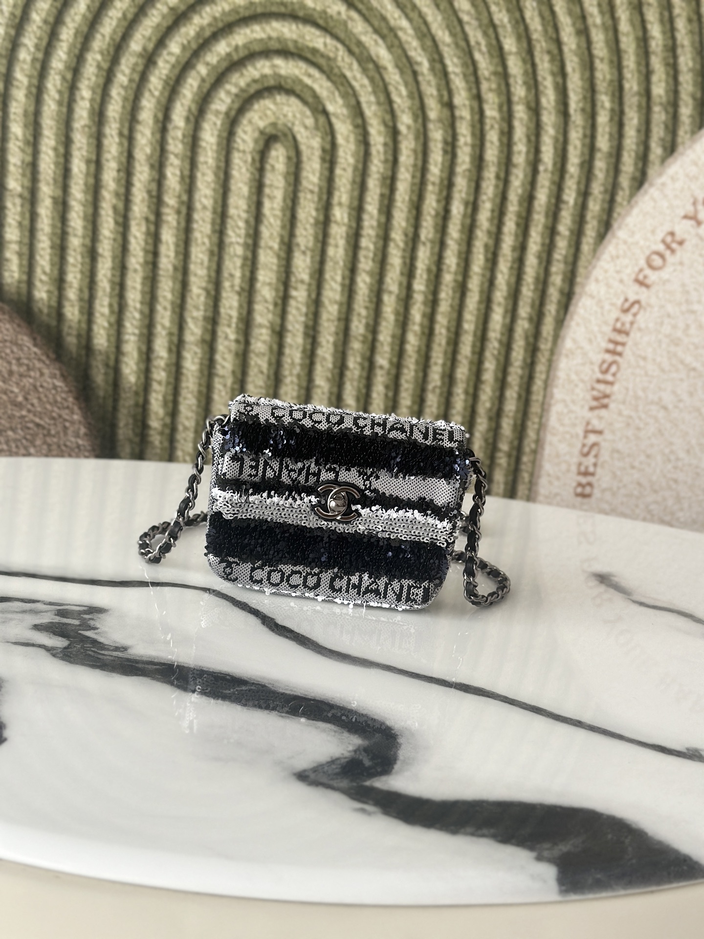 24C25C Mini Classic Flap Bag (AS4561) in Black & White Striped Hand-Embroidered Sequins with COCO Logo & Light Gold-Tone Hardware - Mocuir