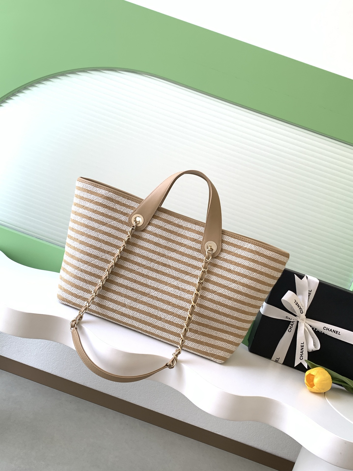 Deauville Large Striped Canvas Tote Bag in Caramel with Gold-Tone Hardware - Mocuir