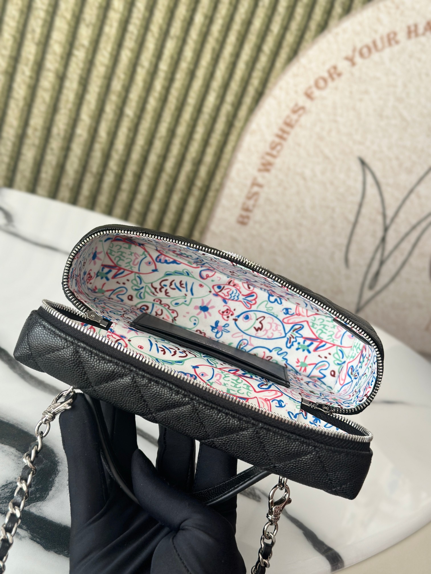 25B Black Caviar Quilted Long Vanity Case with Silver CC Logo & Silver Hardware - Mocuir