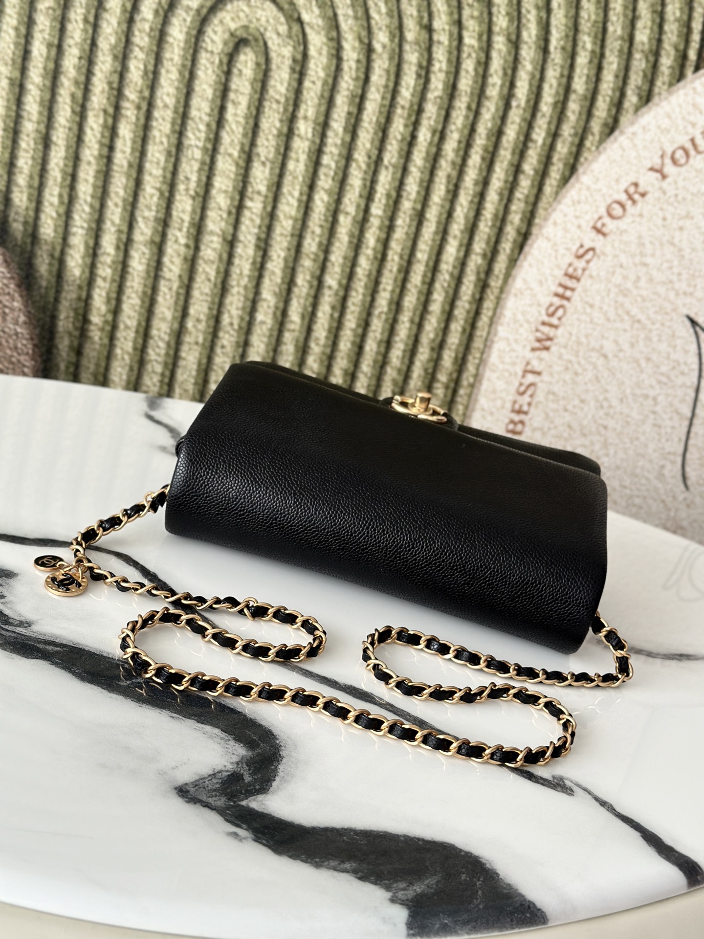 24K Black Caviar Quilted Medium Classic Flap Bag with Gold Hardware and CC Charms - Mocuir