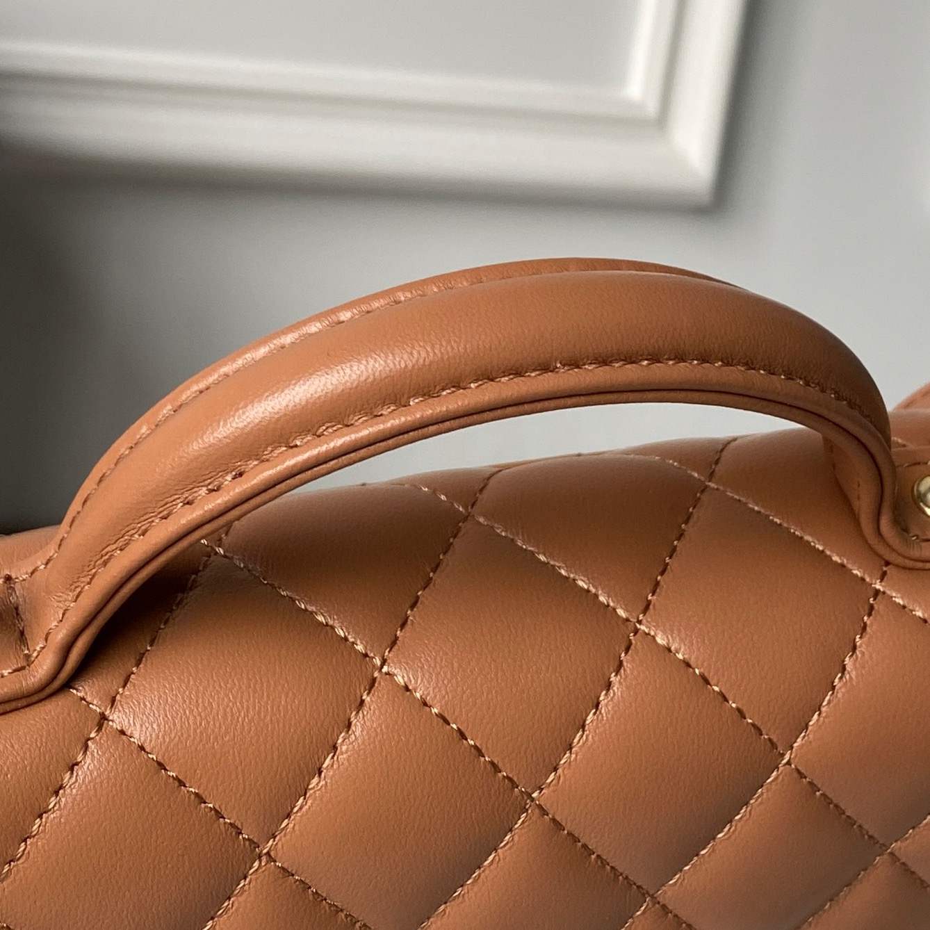 Top Handle Flap Messenger Backpack in Caramel Quilted Lambskin with Light Gold-Tone Hardware - Mocuir