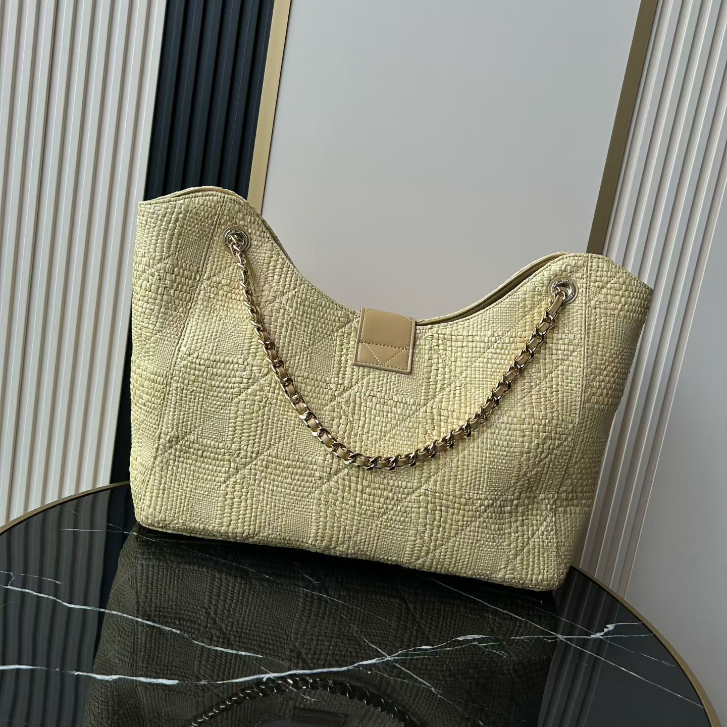 25C Light Yellow Woven Straw Large Tote Handbag with Calfskin Trim and Gold-Tone Hardware - Mocuir