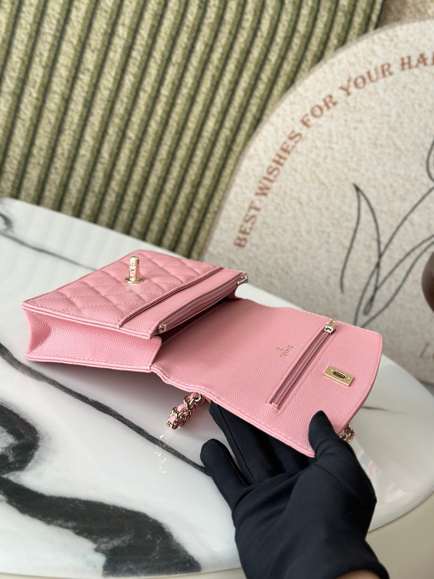 Classic Flap Mini Bag with Top Handle in Sakura Pink Caviar Leather with Light Gold Hardware (Model AP3341) - Mocuir