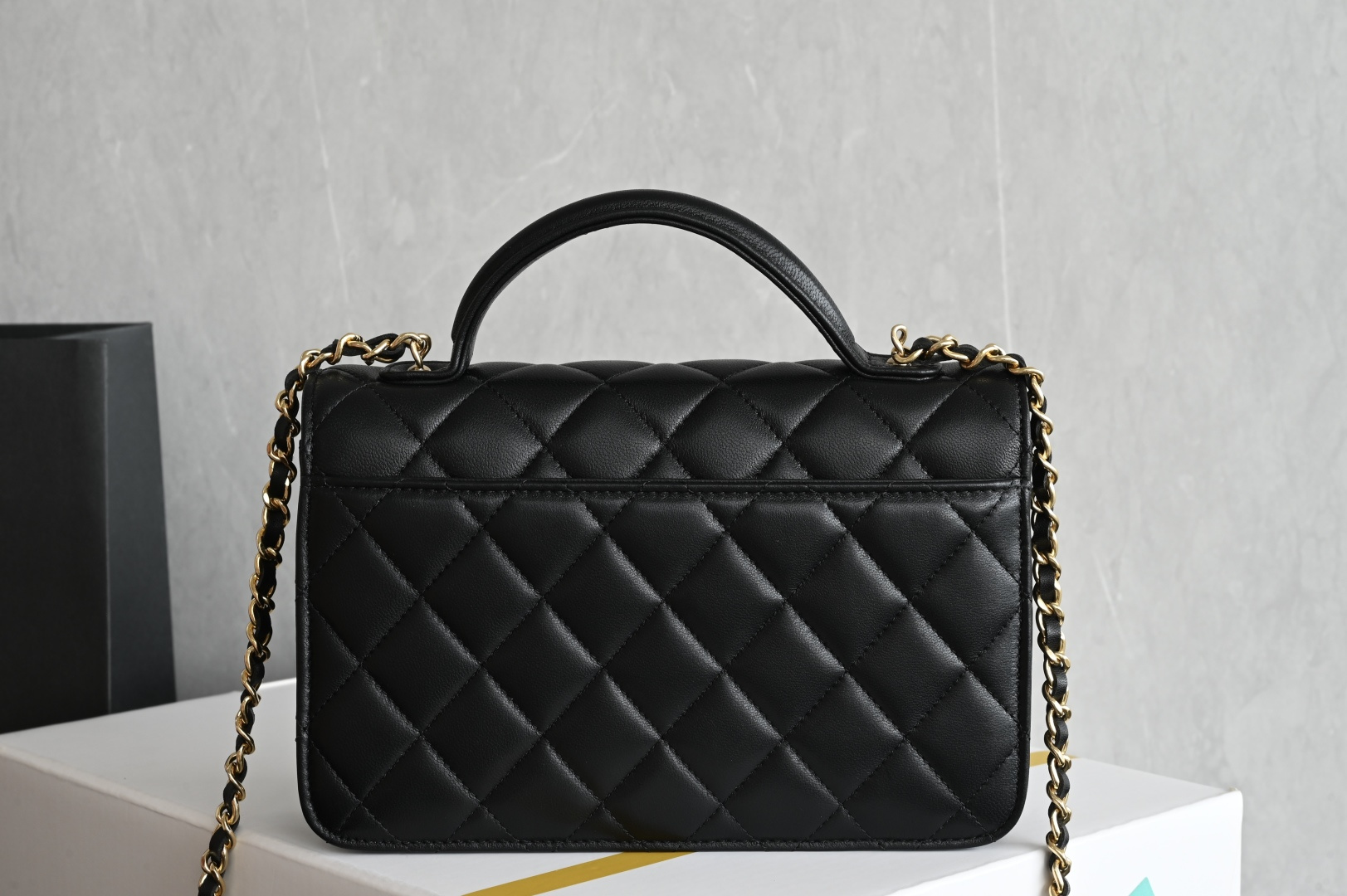 25B Mini Flap Top Handle Messenger Bag in Black Shiny Lambskin with Gold-Tone Hardware (Model AS5701) - Mocuir