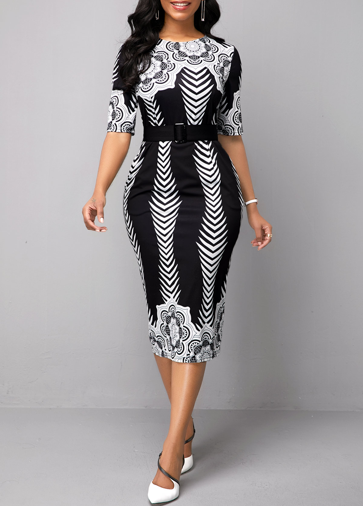Half Sleeve Belted Tribal Print Dress