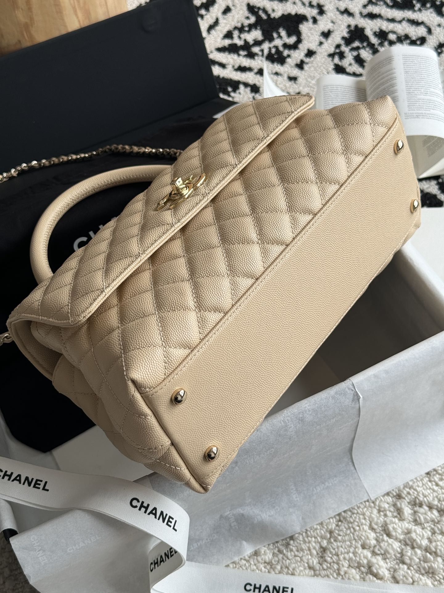 Small Coco Handle Flap Bag in Light Beige Quilted Caviar Leather with Light Gold-Tone Hardware - Mocuir