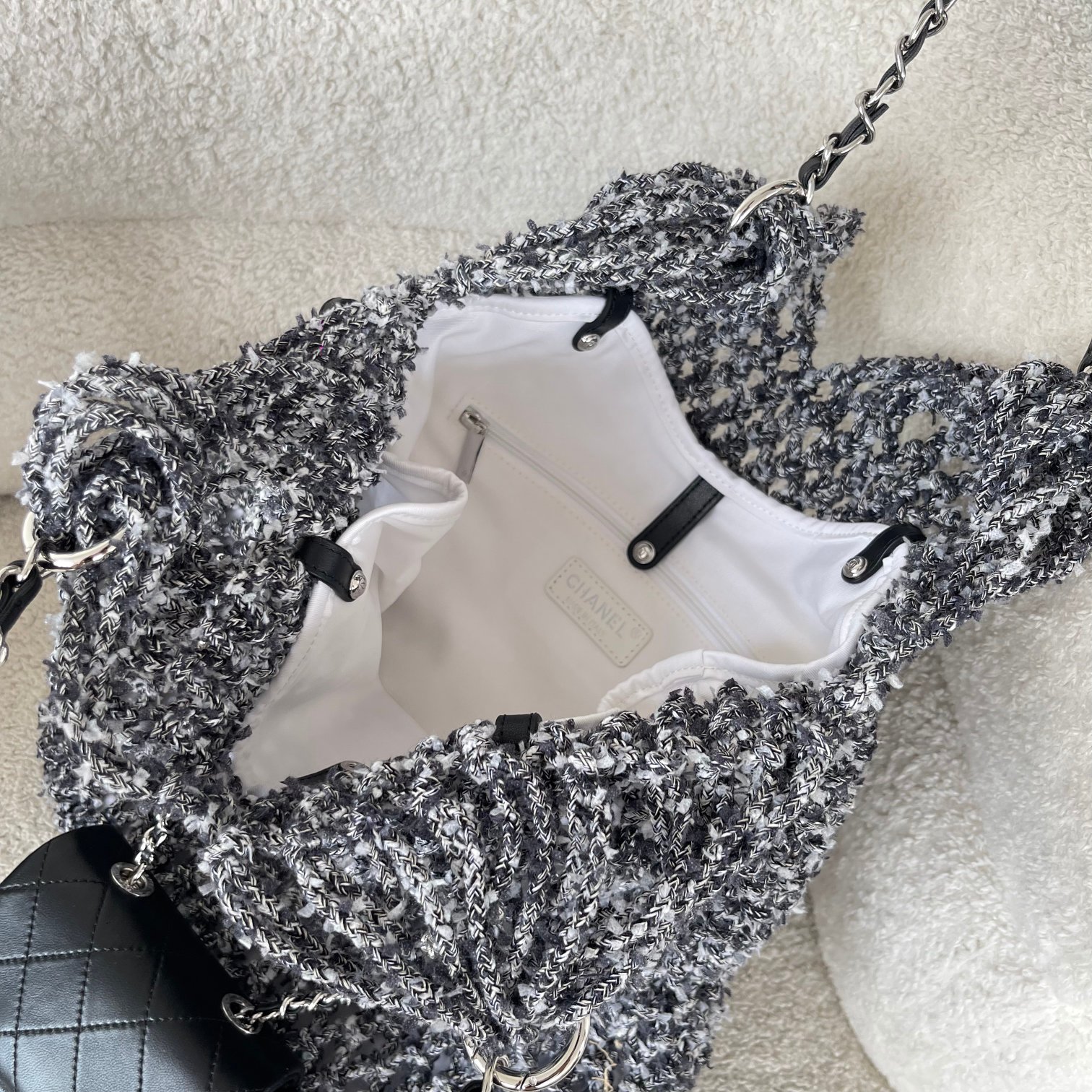 24C Black-Grey Knitted Mesh Tote Handbag with Attached Black Calfskin Mini Flap Bag and Silver-Tone Hardware - Mocuir