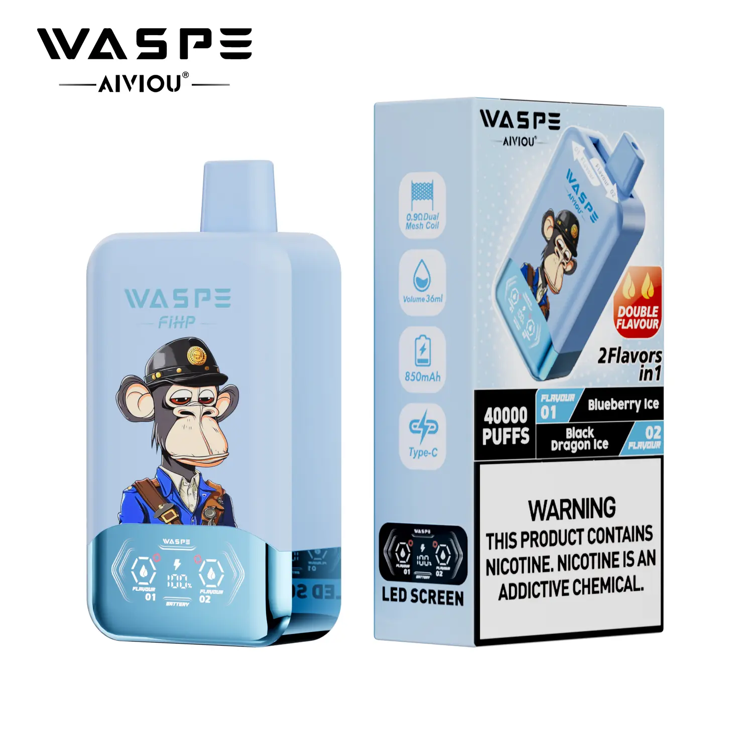（3 pieces）WASPE 40000 40K Puffs Double Taste LCD Display Disposable Vape