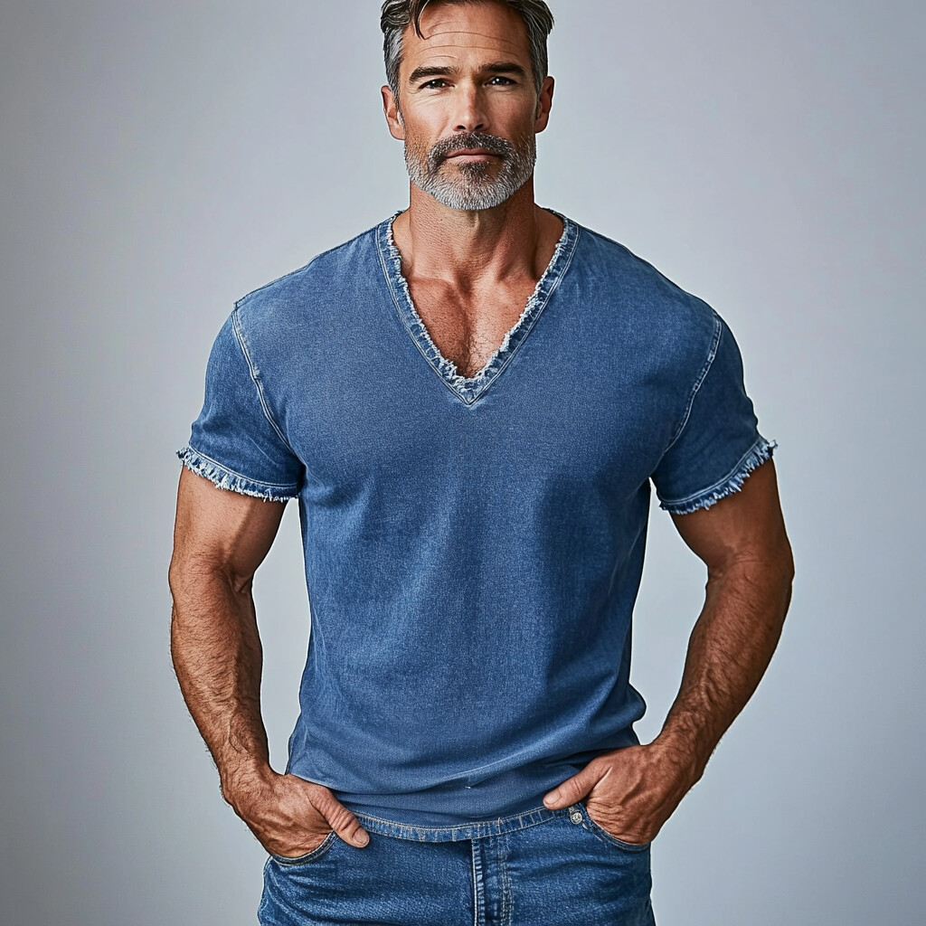 Men's Denim Solid V Neck Short Sleeve T-shirt