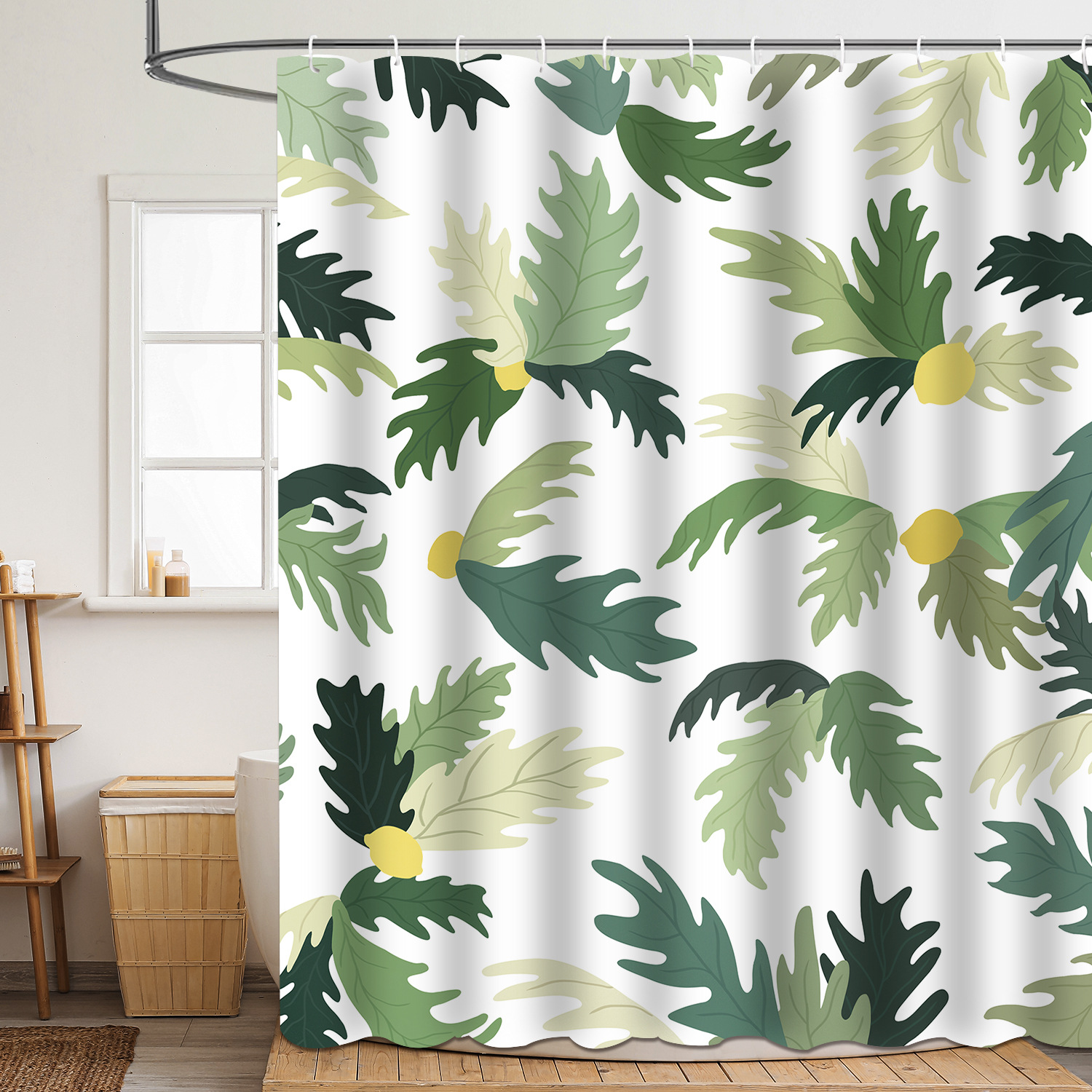 Shower curtain green plant leaf polyester 3d digital printing waterproof and mildew-proof shower bathroom partition