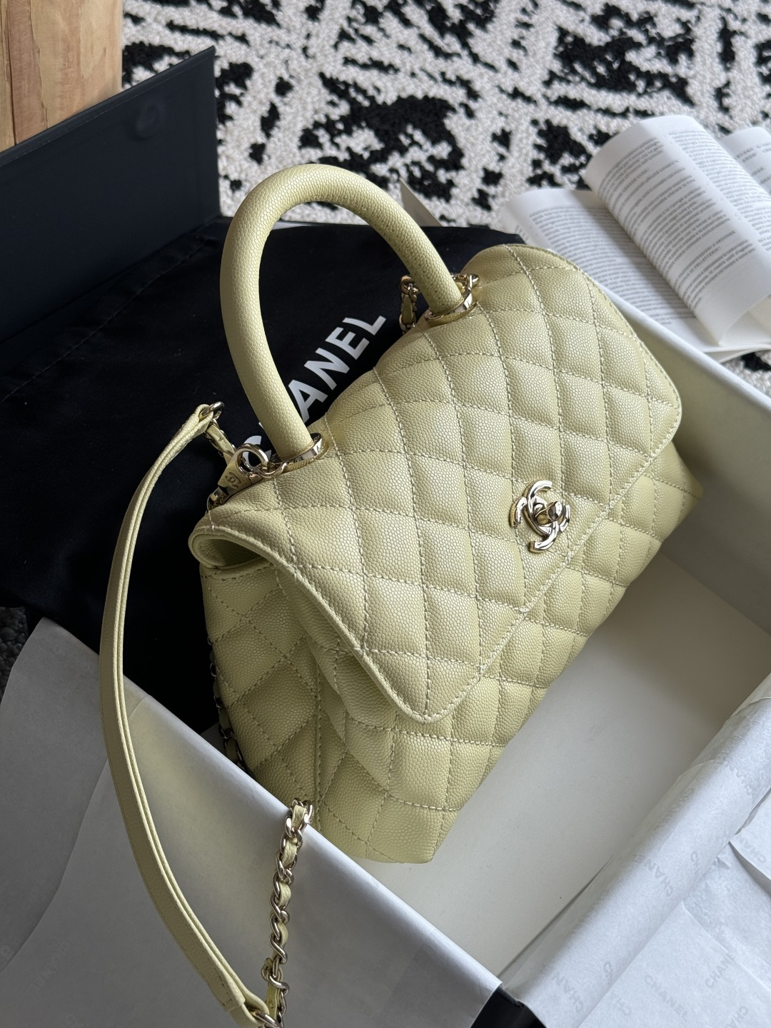 Small Coco Handle Flap Bag in Yellow Quilted Caviar Leather with Light Gold-Tone Hardware - Mocuir