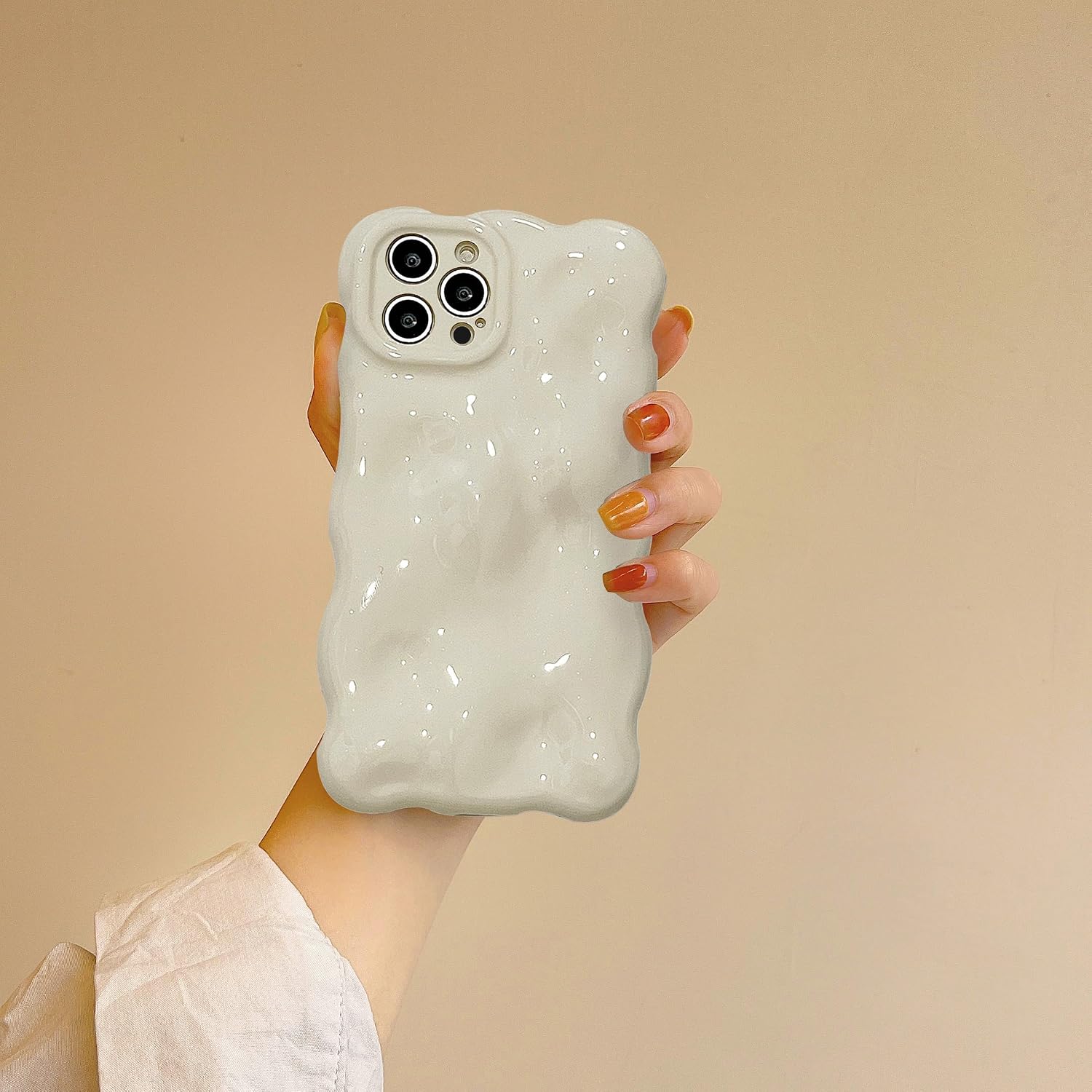 for iPhone 13 Pro Max Case 6.7 Inch Cute Wave Pattern Aesthetic Phone Case 3D Curly Wavy Shape Plating Glitter Bling for Women Girls Soft Bumper Silicone Shockproof Case, Cream Beige