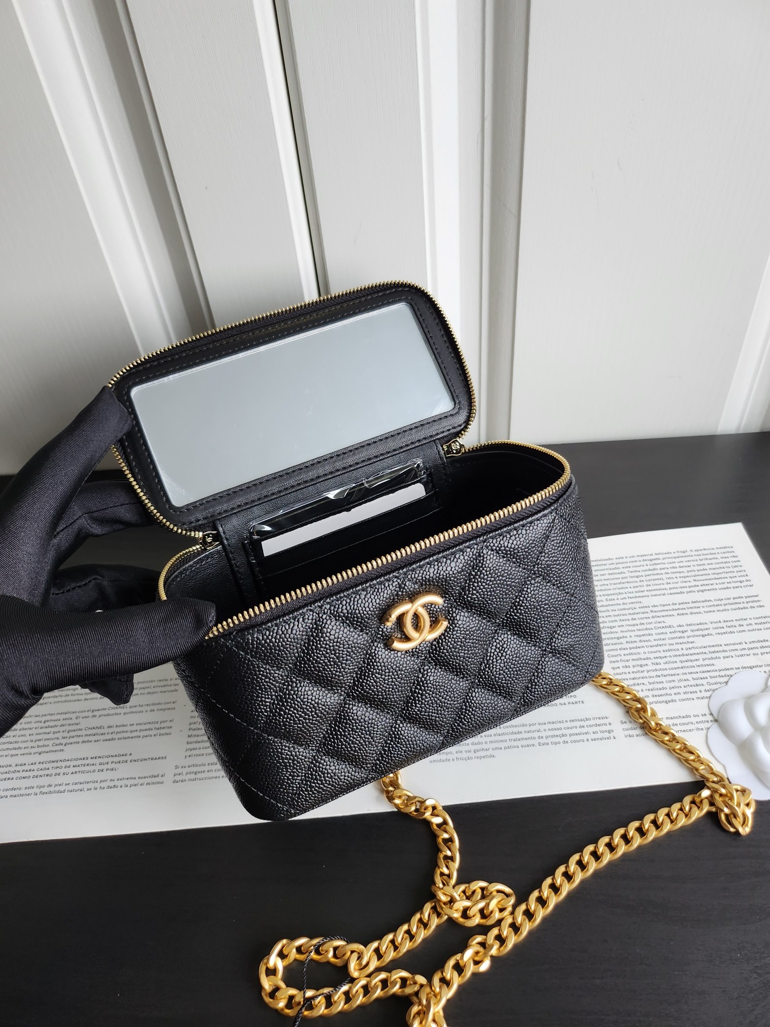 23P Small Vanity Case Bag (AP3204) in Black Quilted Caviar Leather with Light Gold-Tone Hardware & Heart Charm - Mocuir