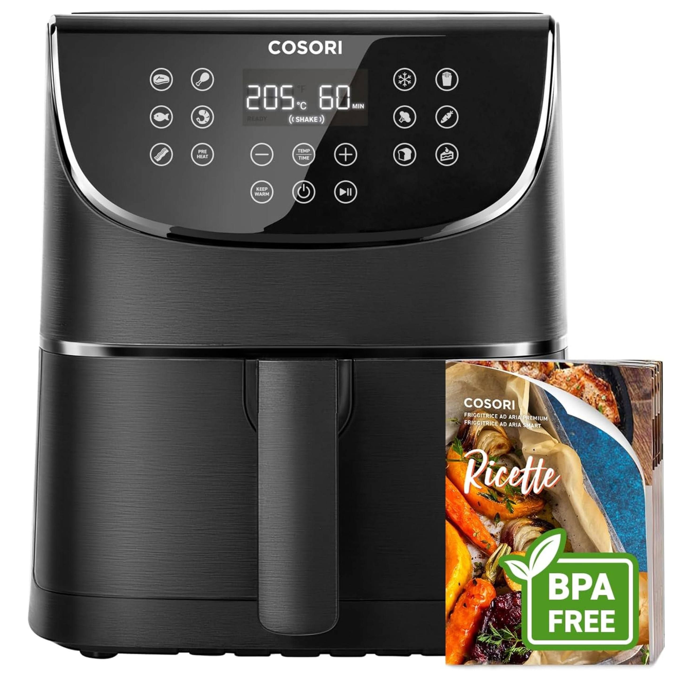 COSORI Friggitrice ad Aria 5,7 Litri, Air Fryer, 13 Funzioni, 97% Meno Olio, 67.5% di Risparmio Energetico, 75-205°C, 40 Ricette Italiane, Display