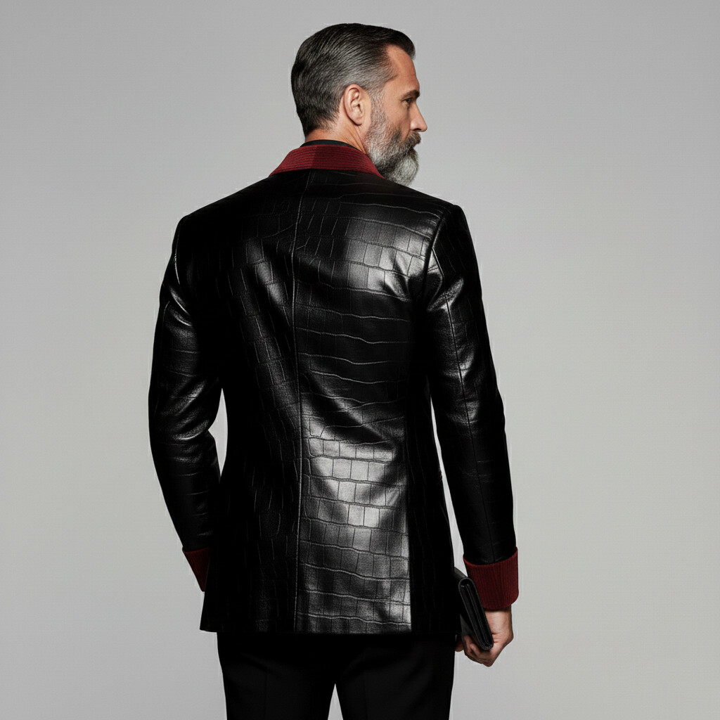 Men's Business Casual Plaid PU Leather Patchwork Corduroy Shawl Lapel One Button Long Sleeve Blazers