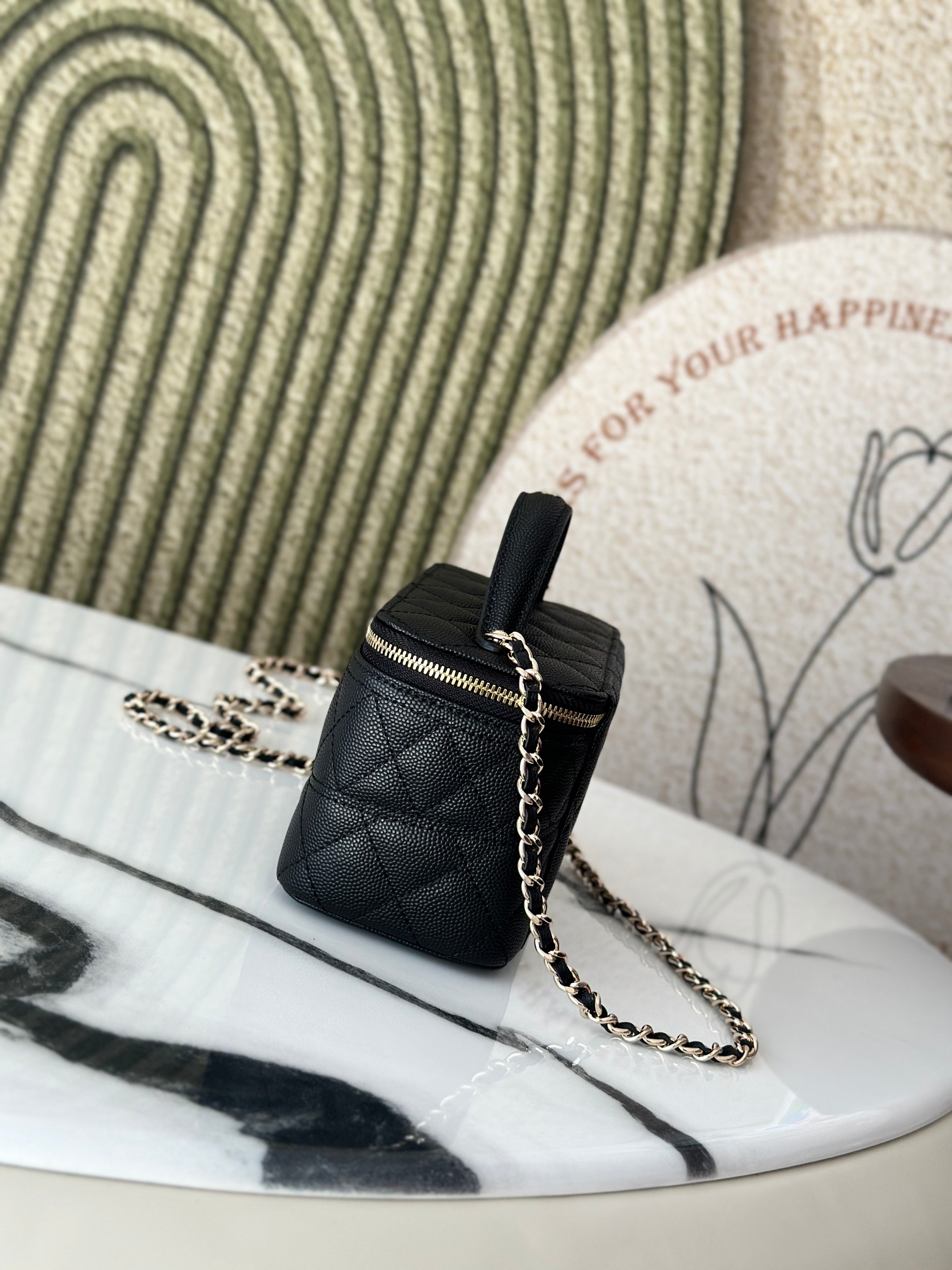 Mini Rectangular Vanity Case with Top Handle in Black Quilted Caviar Leather with Gold-Tone Hardware - Mocuir