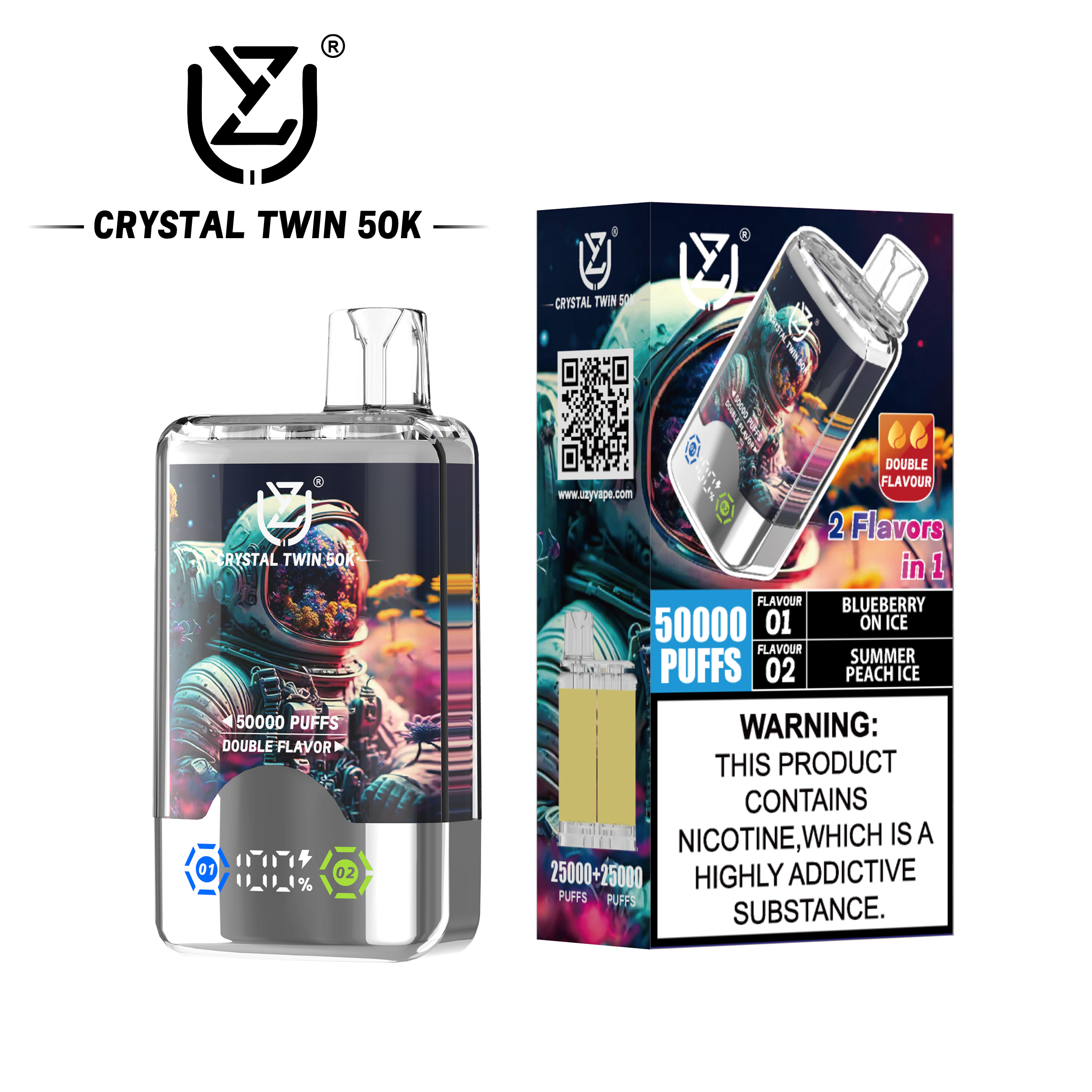 （3 pieces）UZY Crystal Twin 50000 50k Puffs Double Taste LED Display Disposable Vape