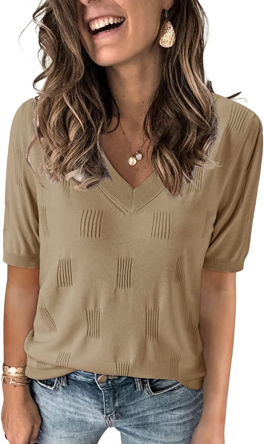 Womens Fashion Spring Summer Tops 2024 Short Sleeve Sweaters V Neck Lightweight Thin Knit Clothes Blouse