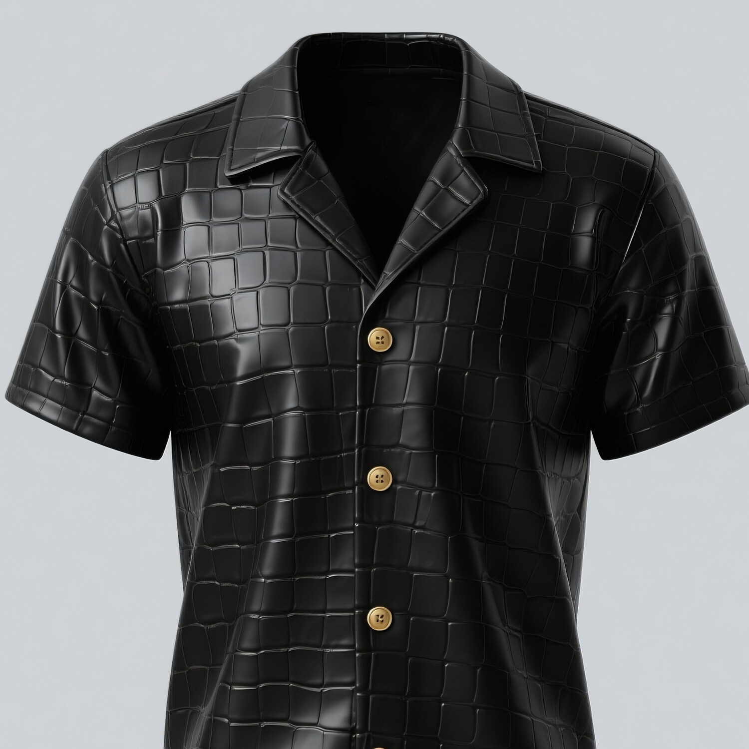Men's Camp Collar Short Sleeve Single Breasted Crocodile Pattern PU Leather Shirt