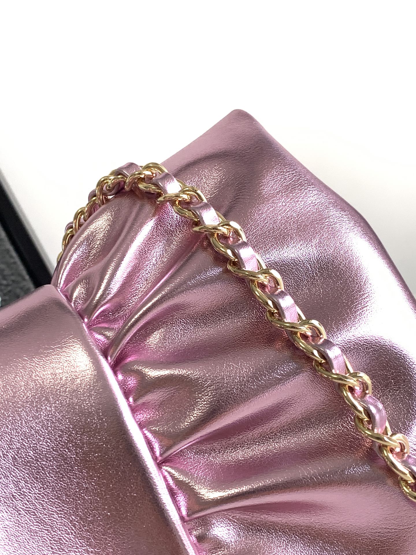 24B Bow Bag Evening Clutch with Chain in Metallic Pink Shiny Lambskin with Light Gold-Tone Hardware - Mocuir