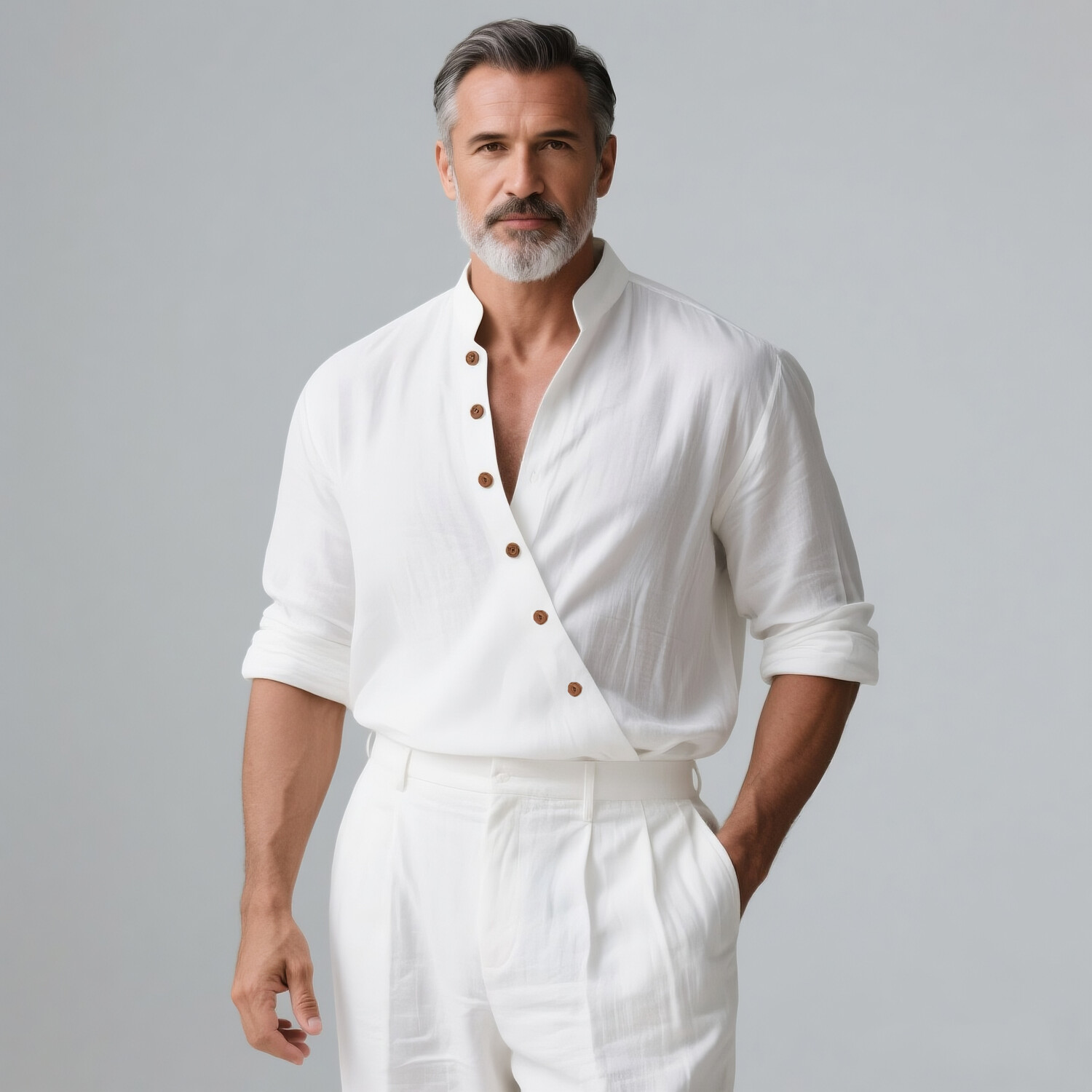 Men's Stand Collar Wrap Button Up Long Sleeve Shirt