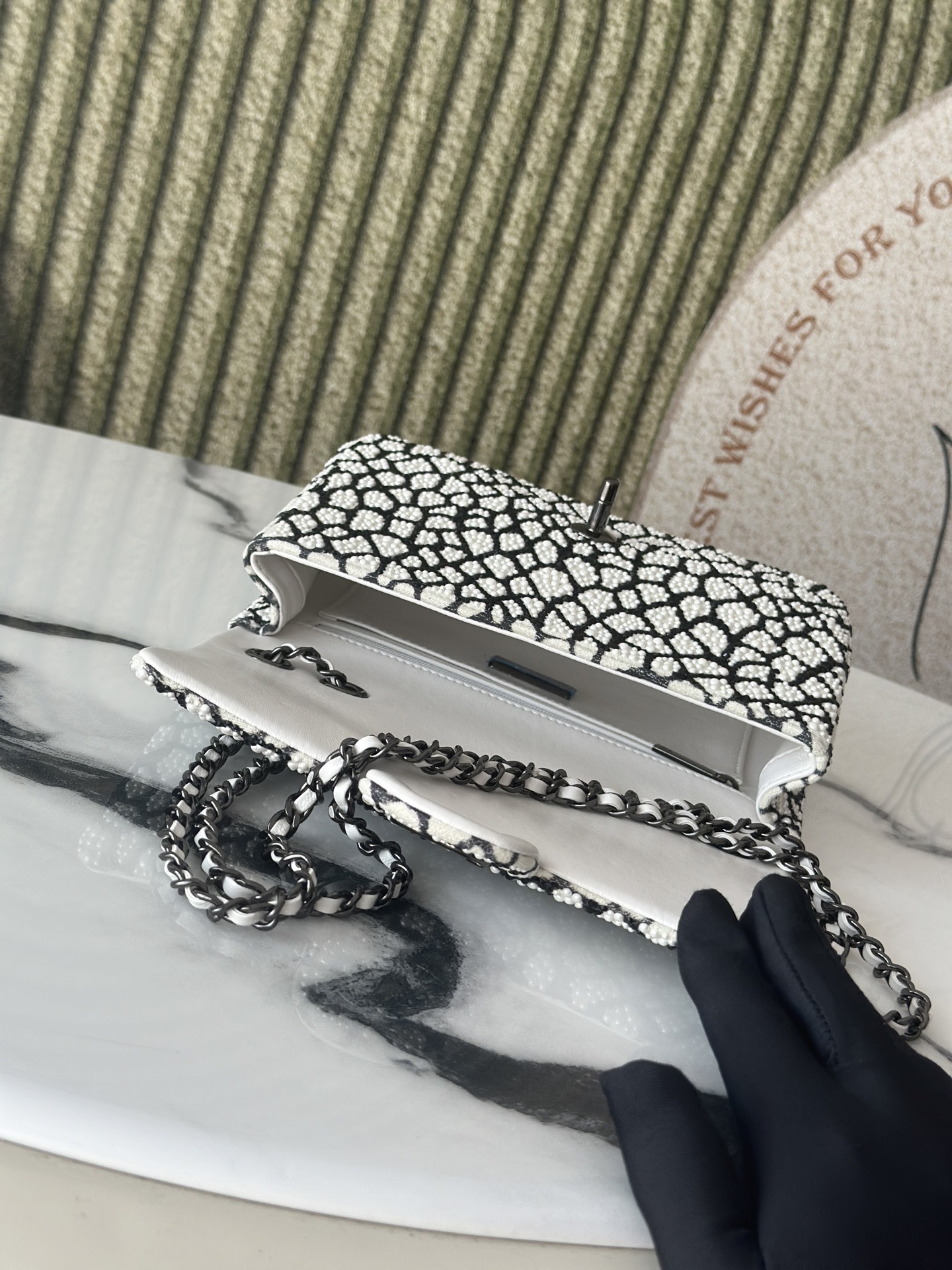 Classic Flap Mini Bag in Black & White Pearl Embellished Crocodile Pattern (Black Hardware) - Mocuir