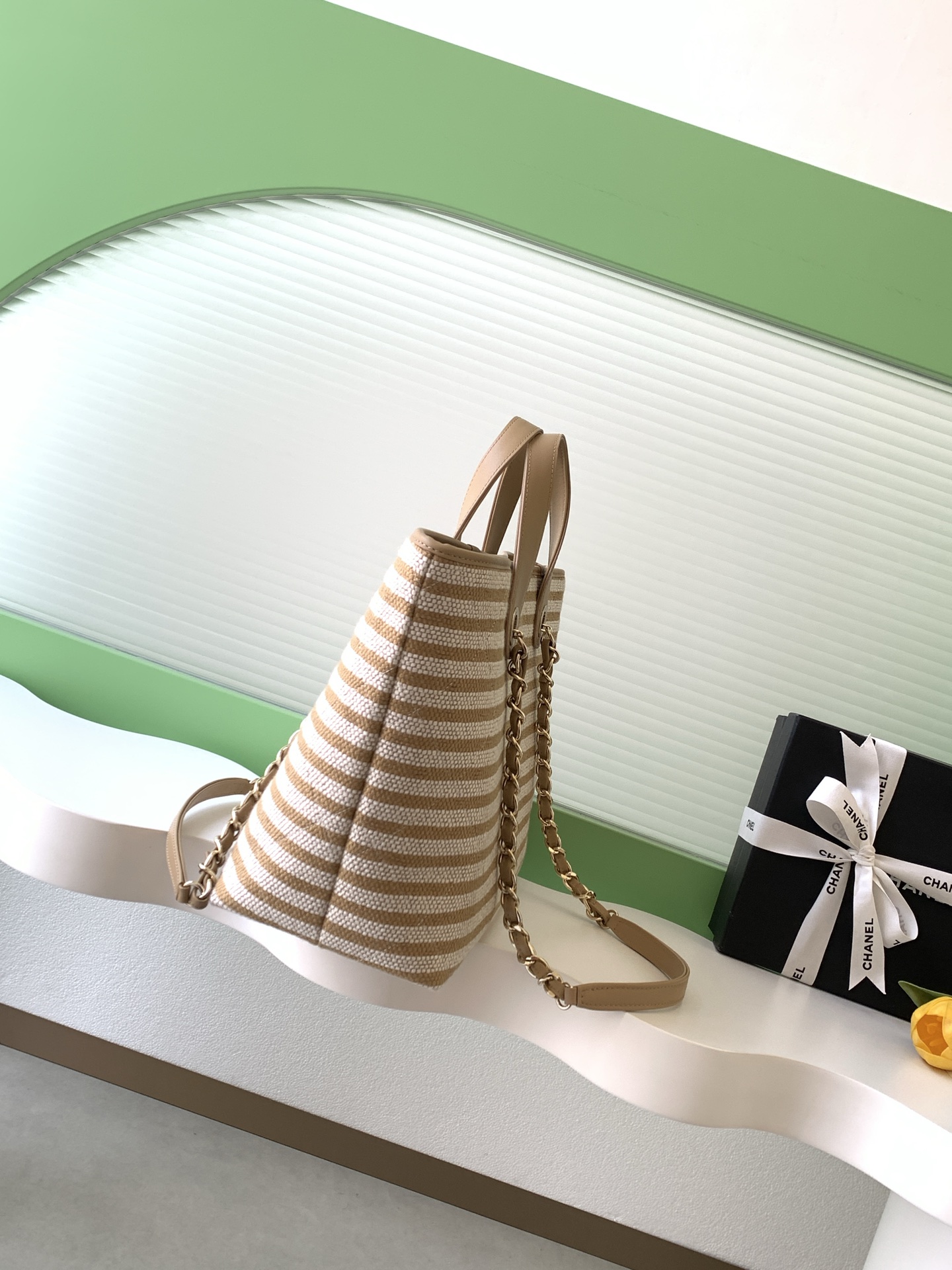 Deauville Large Striped Canvas Tote Bag in Caramel with Gold-Tone Hardware - Mocuir