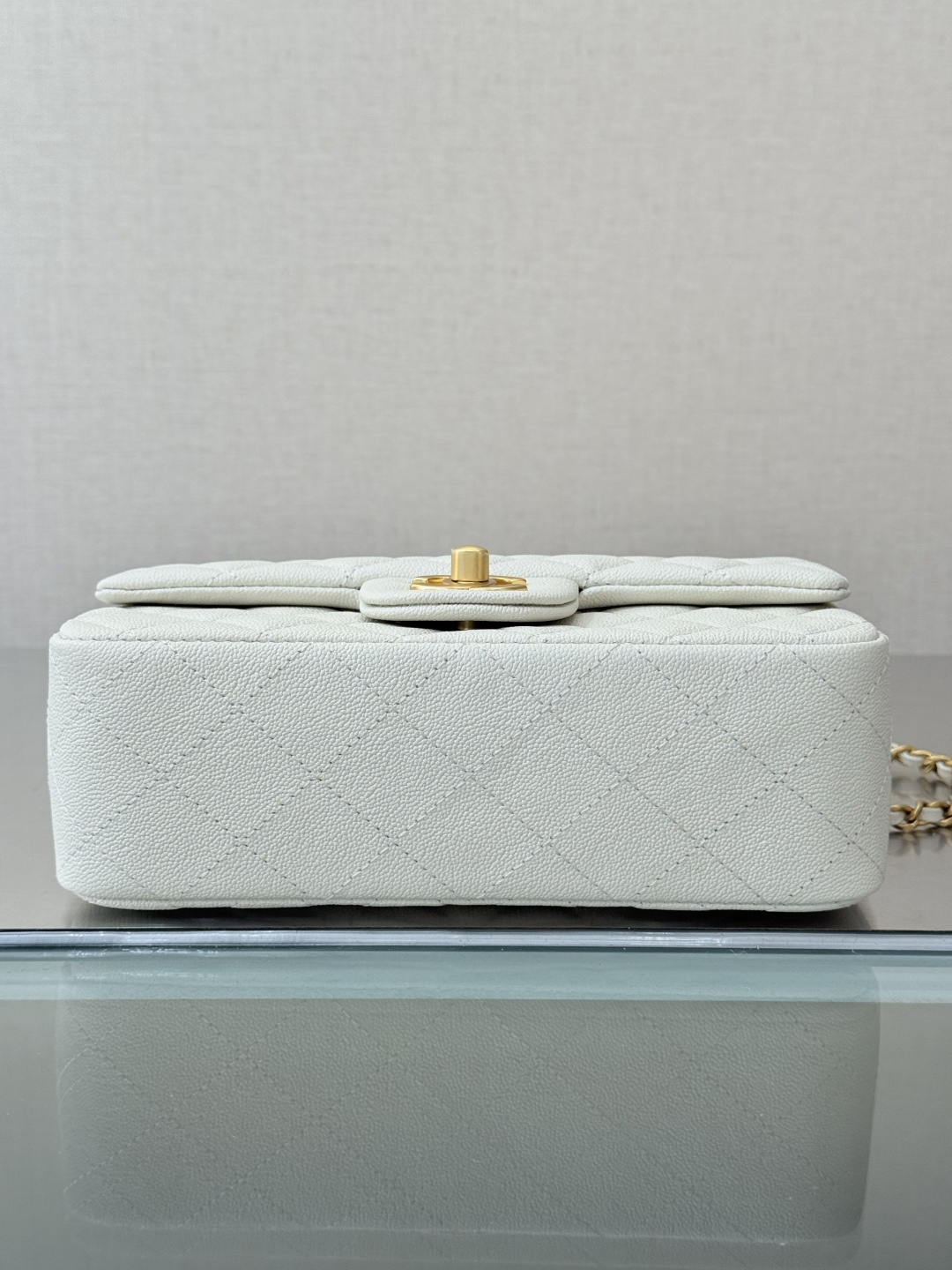 2025C CC Top Handle Small Bag (AS5265) in White Grained Calfskin with Antique Gold-Tone Hardware - Mocuir