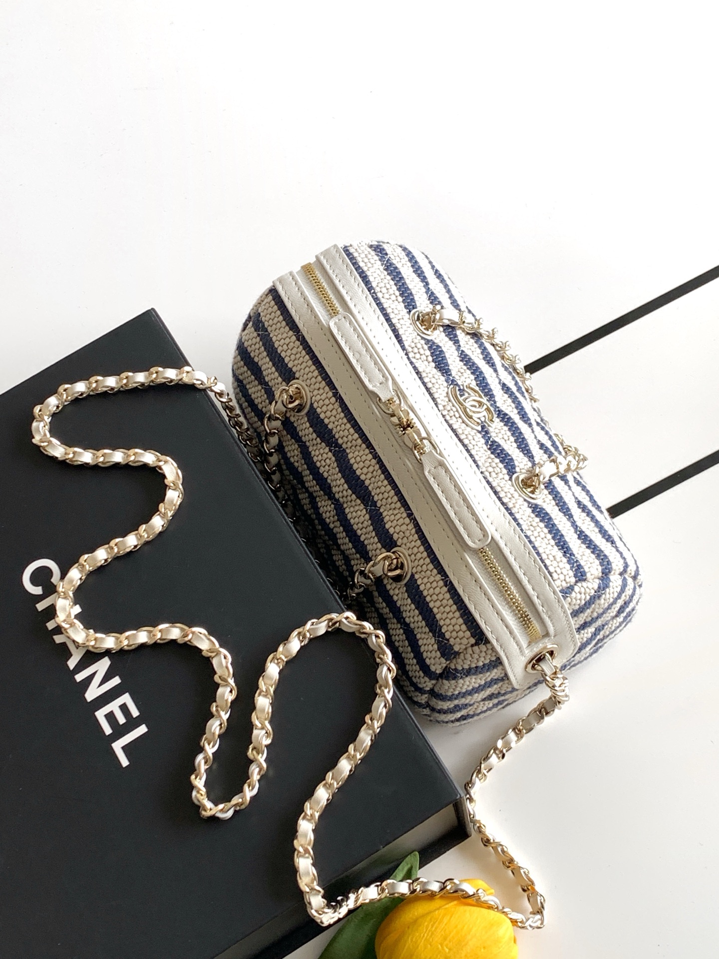 Deauville Striped Quilted Canvas Vanity Case / Box Bag in Navy Blue with Light Gold-Tone Hardware - Mocuir