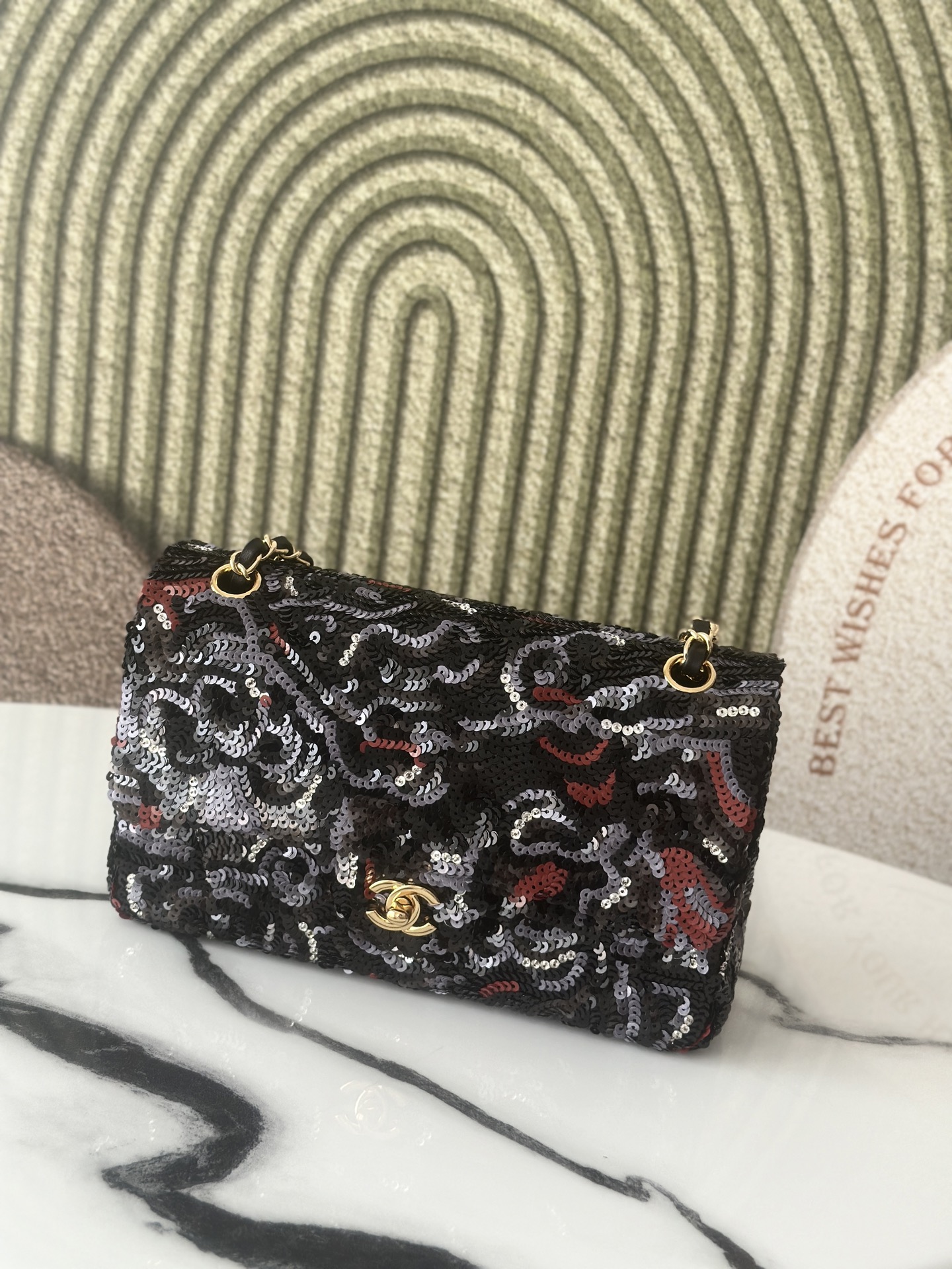 Limited Edition Black Red Grey Sequin Abstract Quilted Mini Classic Flap Bag with Gold-Tone Hardware - Mocuir