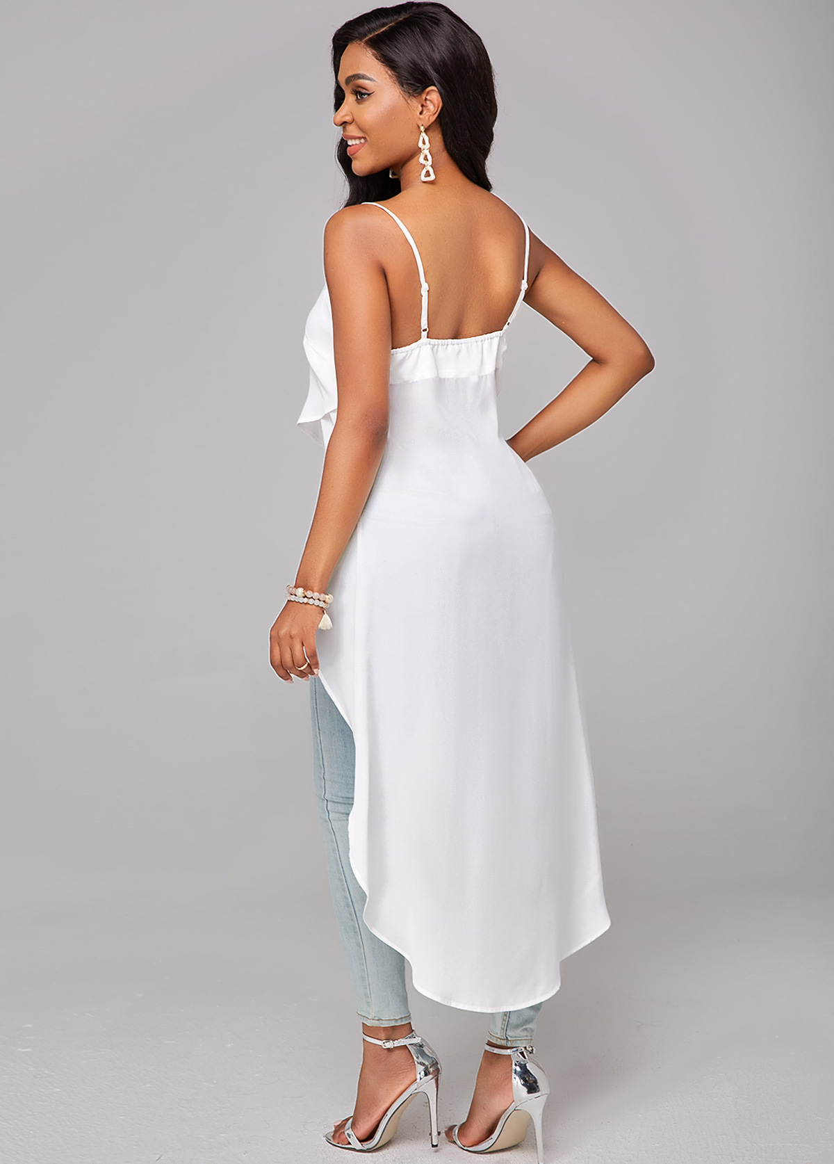 White Spaghetti Strap Asymmetric Hem Camisole Top