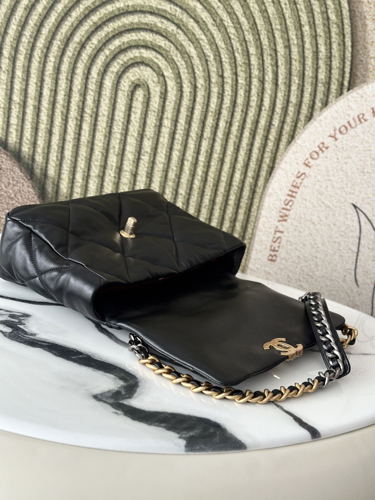 19 Black Goatskin Quilted Flap Bag with Mixed Metal Hardware - Mocuir