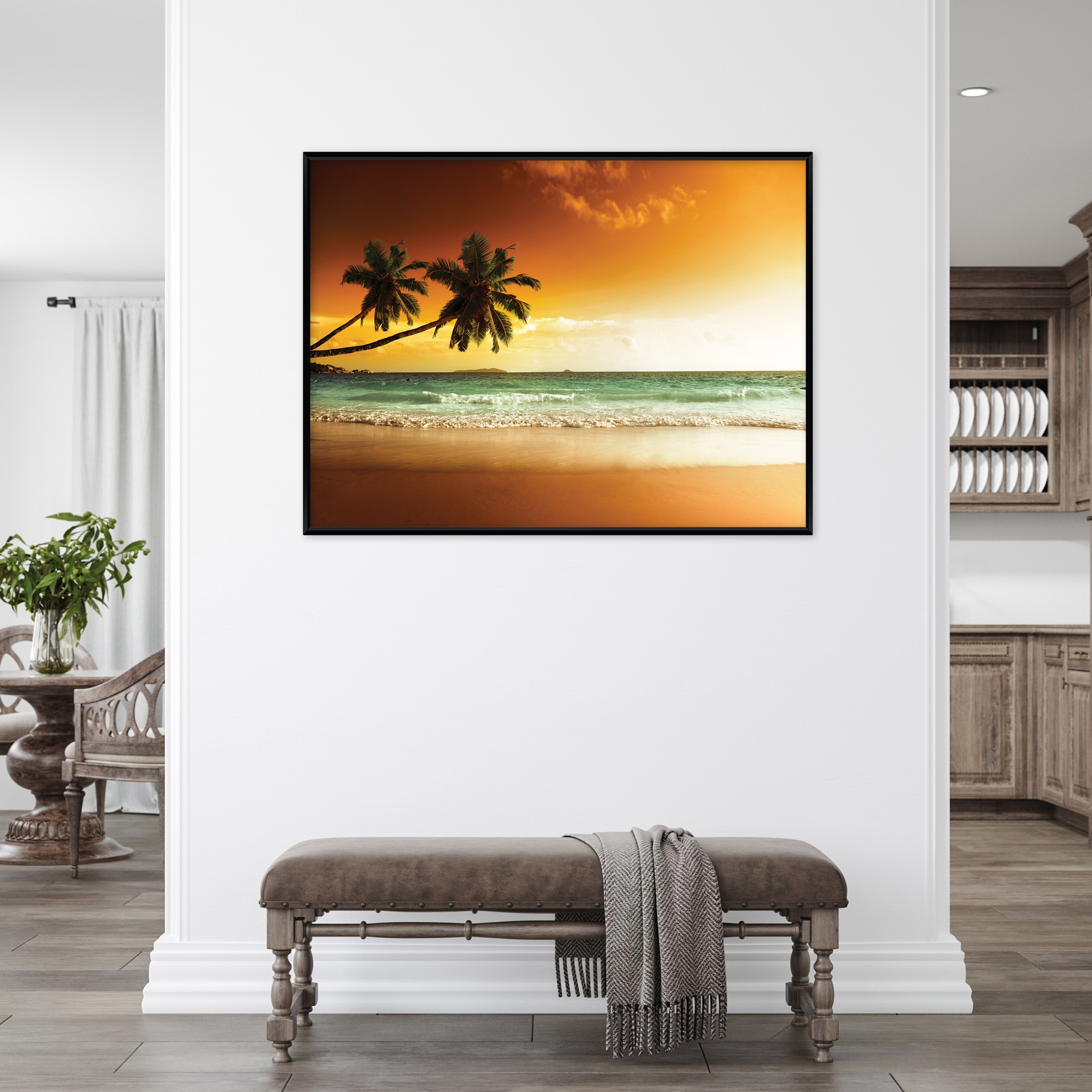 Black-framed canvas print: beach, palm trees, sea; living room, bedroom; 40x30