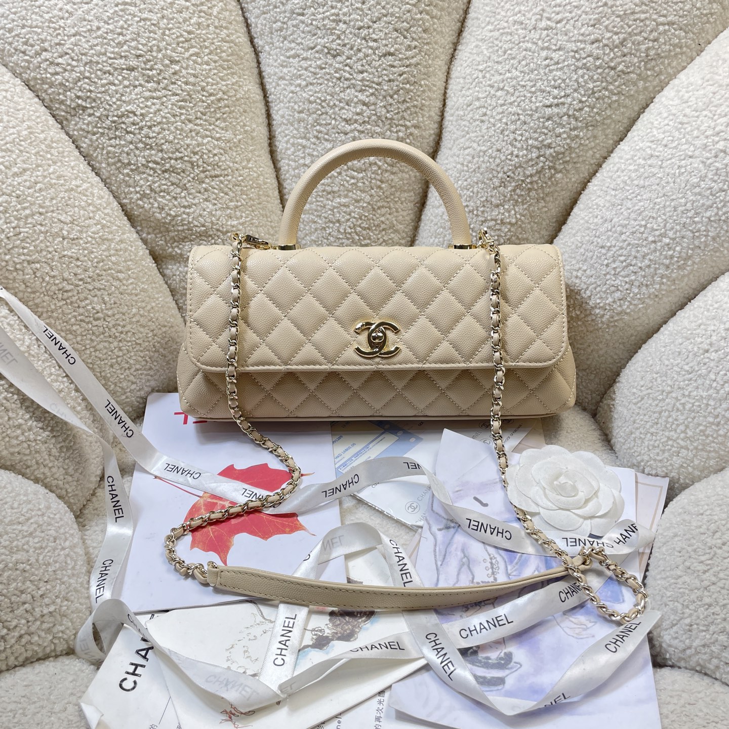 Spring-Summer 2026 Light Beige Quilted Caviar Calfskin Top Handle Flap Bag with Gold-Tone Hardware - Mocuir